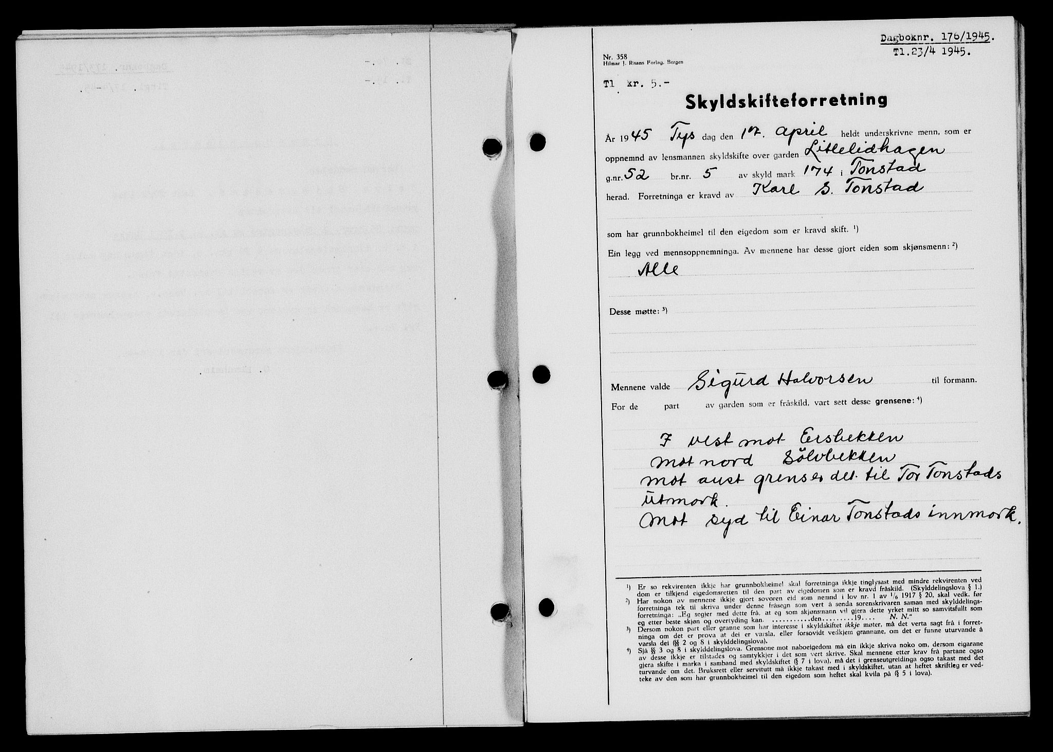 Flekkefjord sorenskriveri, SAK/1221-0001/G/Gb/Gba/L0059: Mortgage book no. A-7, 1944-1945, Diary no: : 176/1945