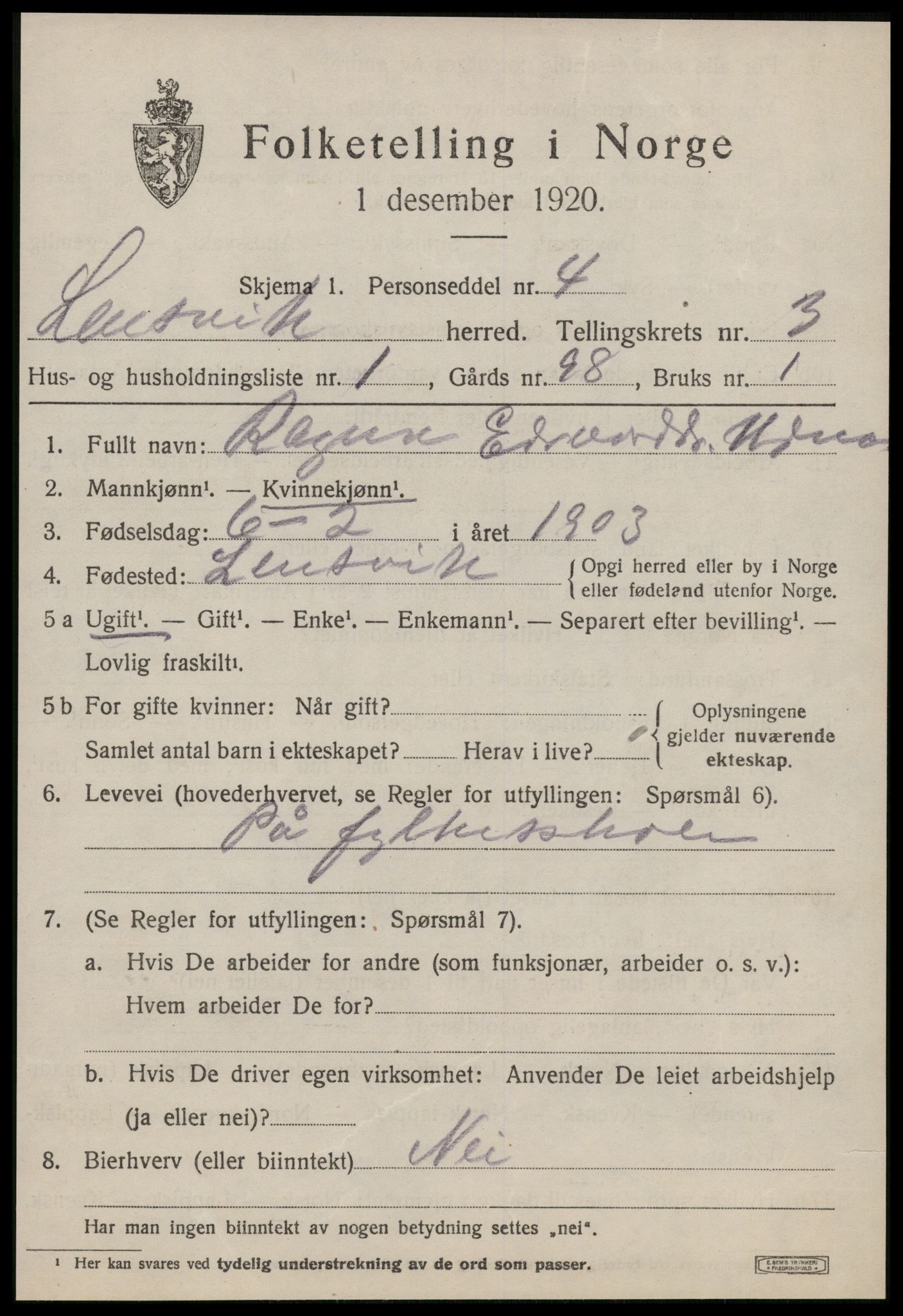 SAT, 1920 census for Lensvik, 1920, p. 1714
