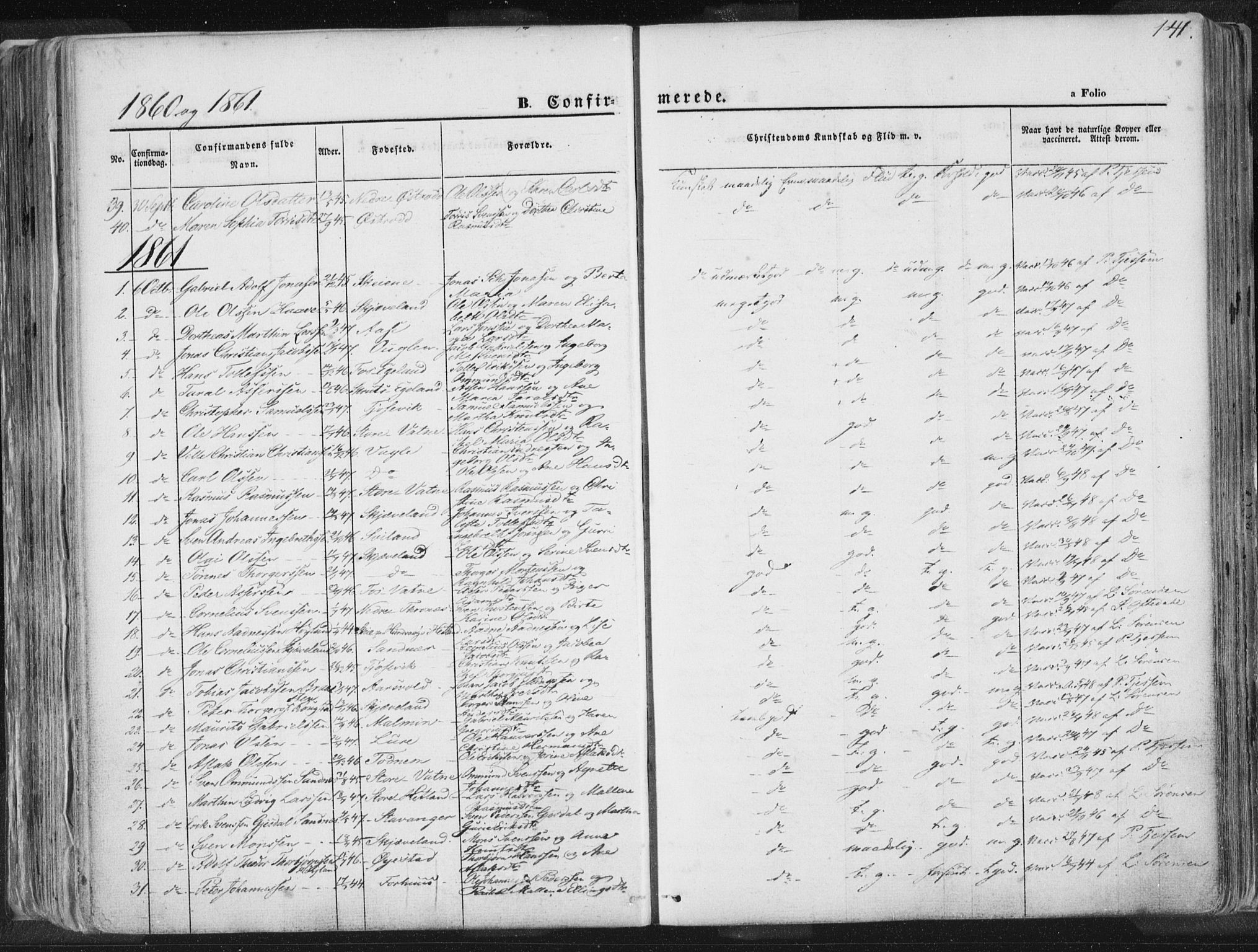 Høyland sokneprestkontor, SAST/A-101799/001/30BA/L0010: Parish register (official) no. A 9.1, 1857-1877, p. 141