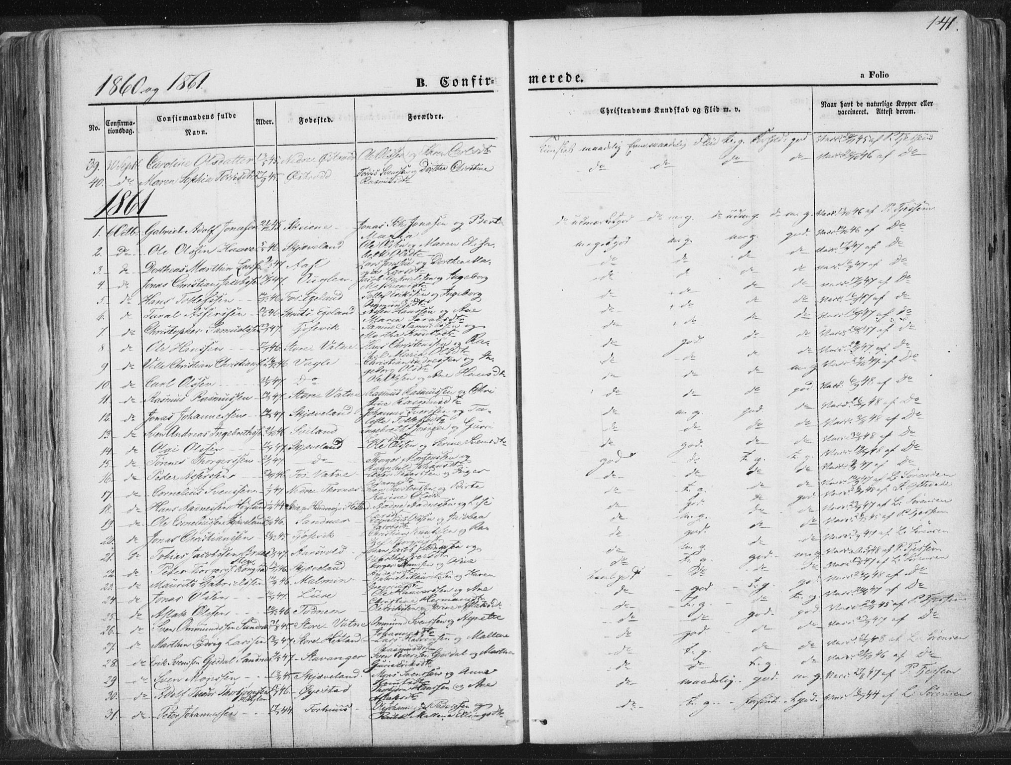 Høyland sokneprestkontor, AV/SAST-A-101799/001/30BA/L0010: Parish register (official) no. A 9.1, 1857-1877, p. 141