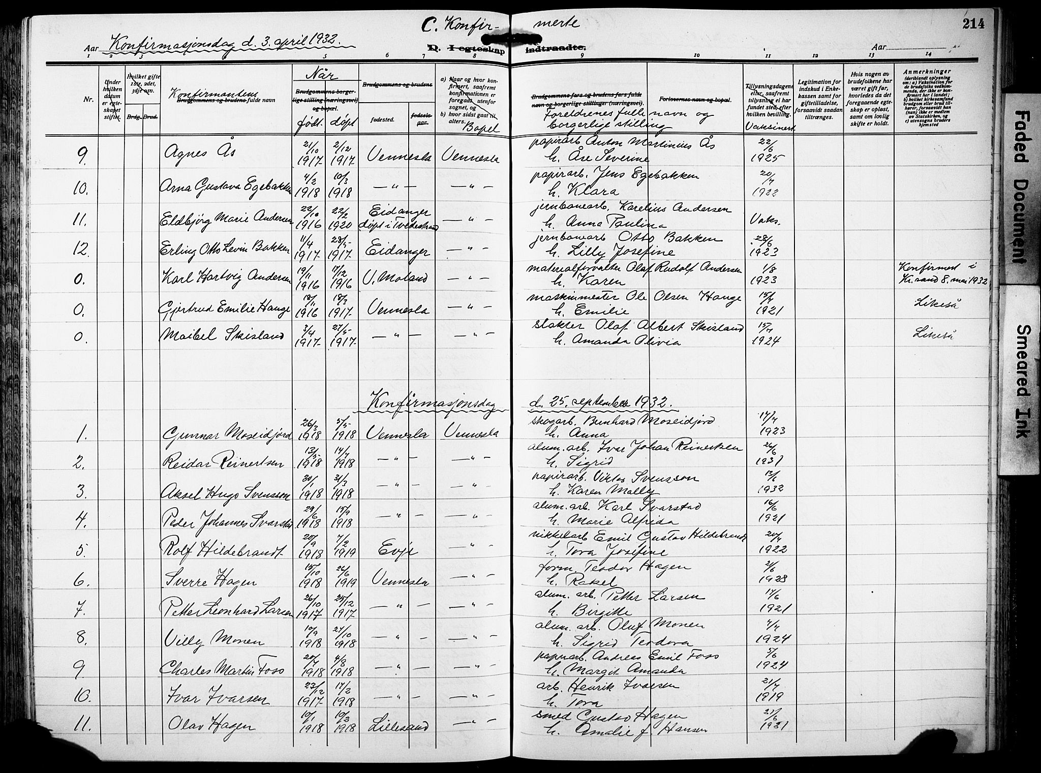 Vennesla sokneprestkontor, AV/SAK-1111-0045/Fb/Fbb/L0007: Parish register (copy) no. B 7, 1922-1933, p. 214