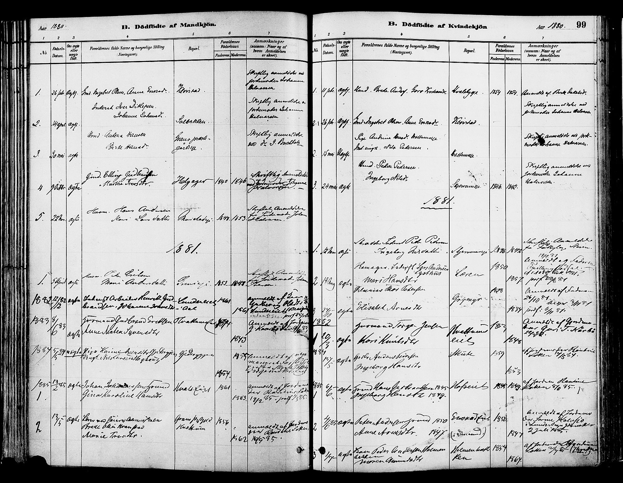 Gran prestekontor, SAH/PREST-112/H/Ha/Haa/L0014: Parish register (official) no. 14, 1880-1889, p. 99