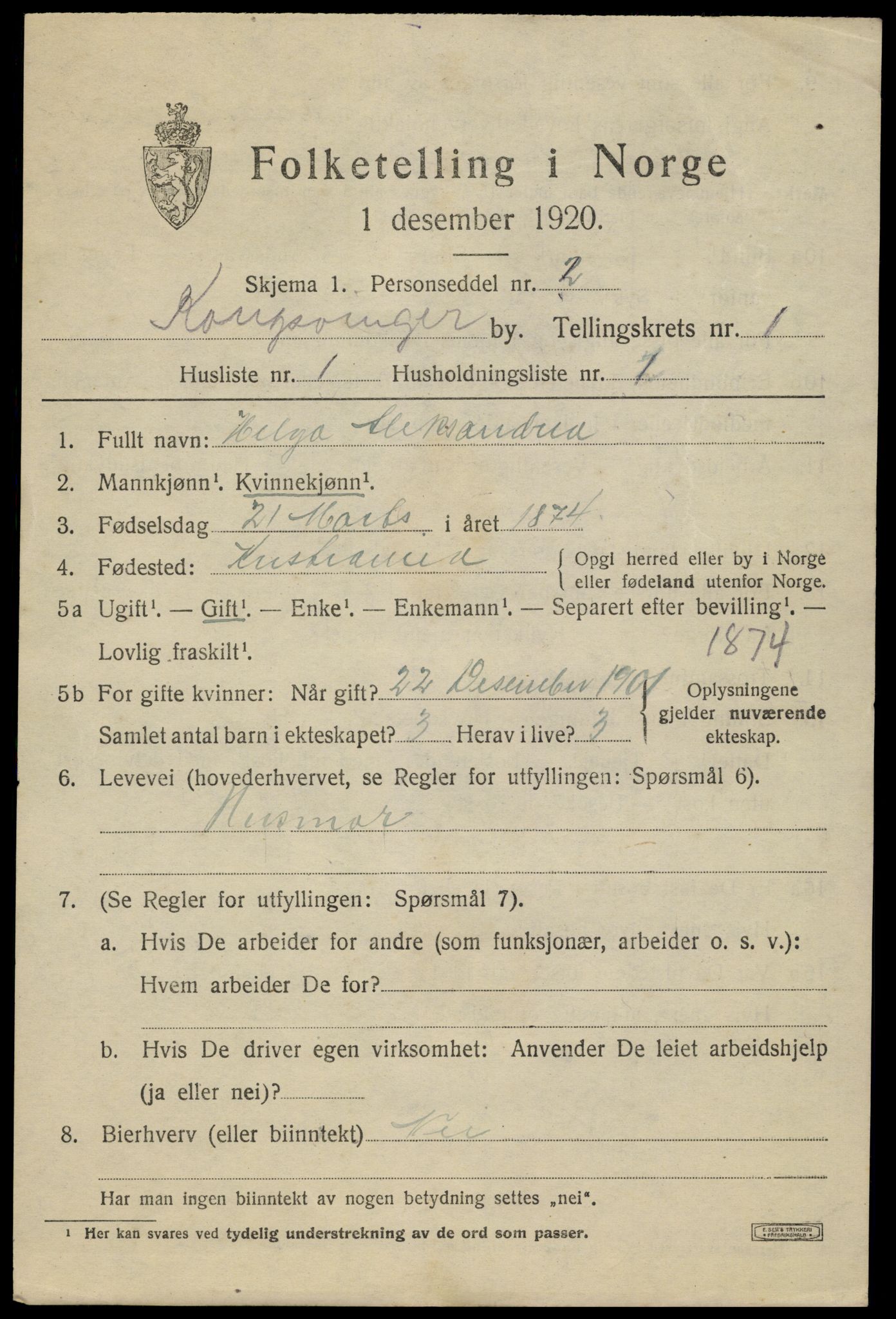 SAH, 1920 census for Kongsvinger, 1920, p. 1415