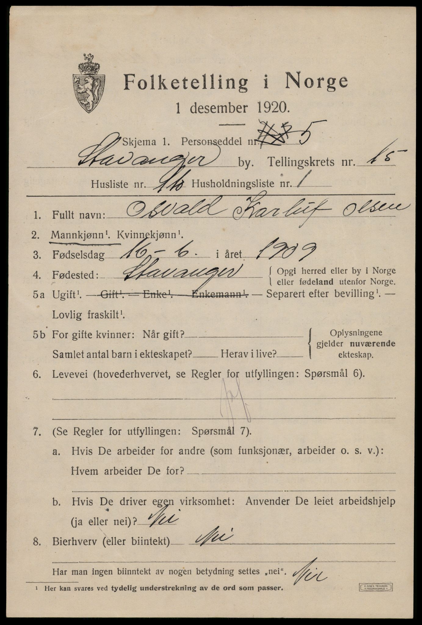 SAST, 1920 census for Stavanger, 1920, p. 63170