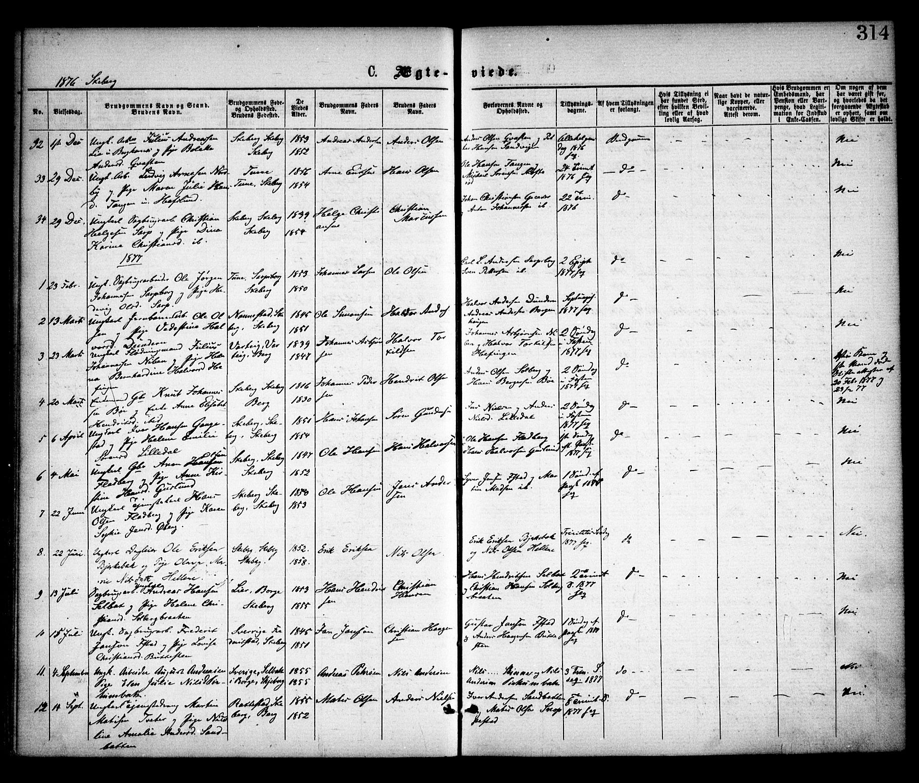 Skjeberg prestekontor Kirkebøker, SAO/A-10923/F/Fa/L0008: Parish register (official) no. I 8, 1869-1885, p. 314