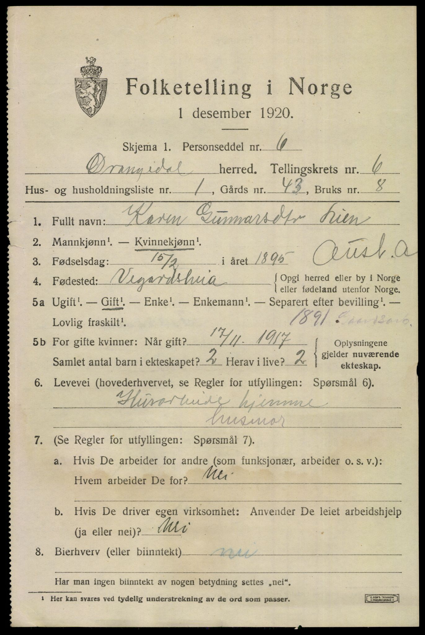 SAKO, 1920 census for Drangedal, 1920, p. 4239