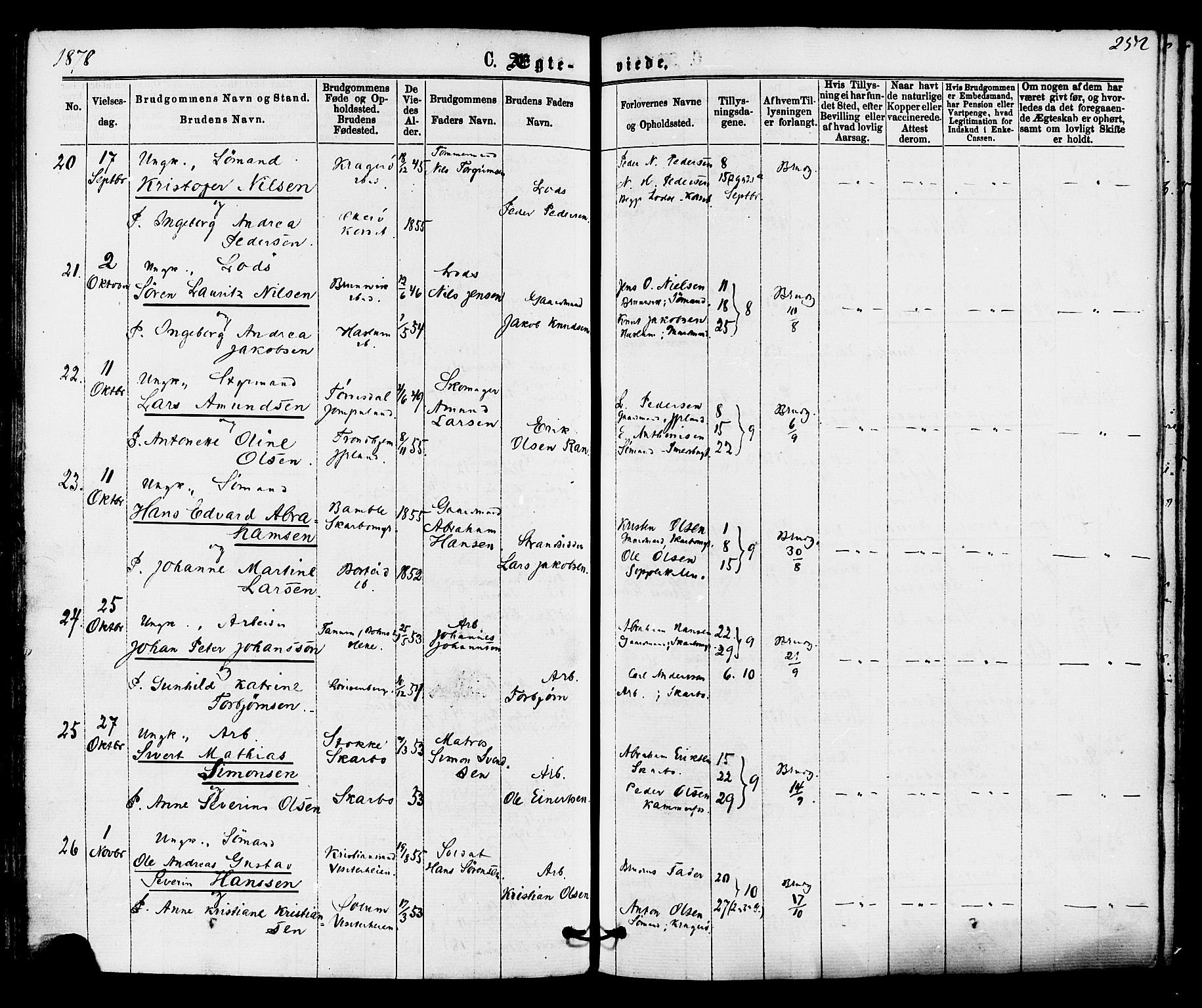Skåtøy kirkebøker, AV/SAKO-A-304/F/Fa/L0001: Parish register (official) no. I 1, 1874-1883, p. 252
