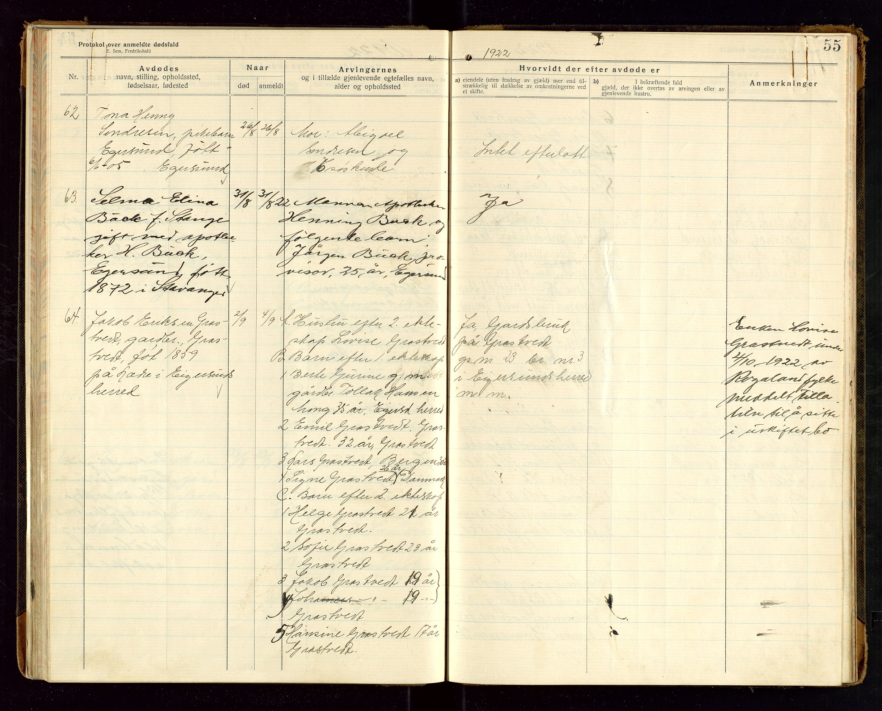 Eigersund lensmannskontor, SAST/A-100171/Gga/L0008: "Protokol over anmeldte dødsfald" m/alfabetisk navneregister, 1920-1922, p. 55