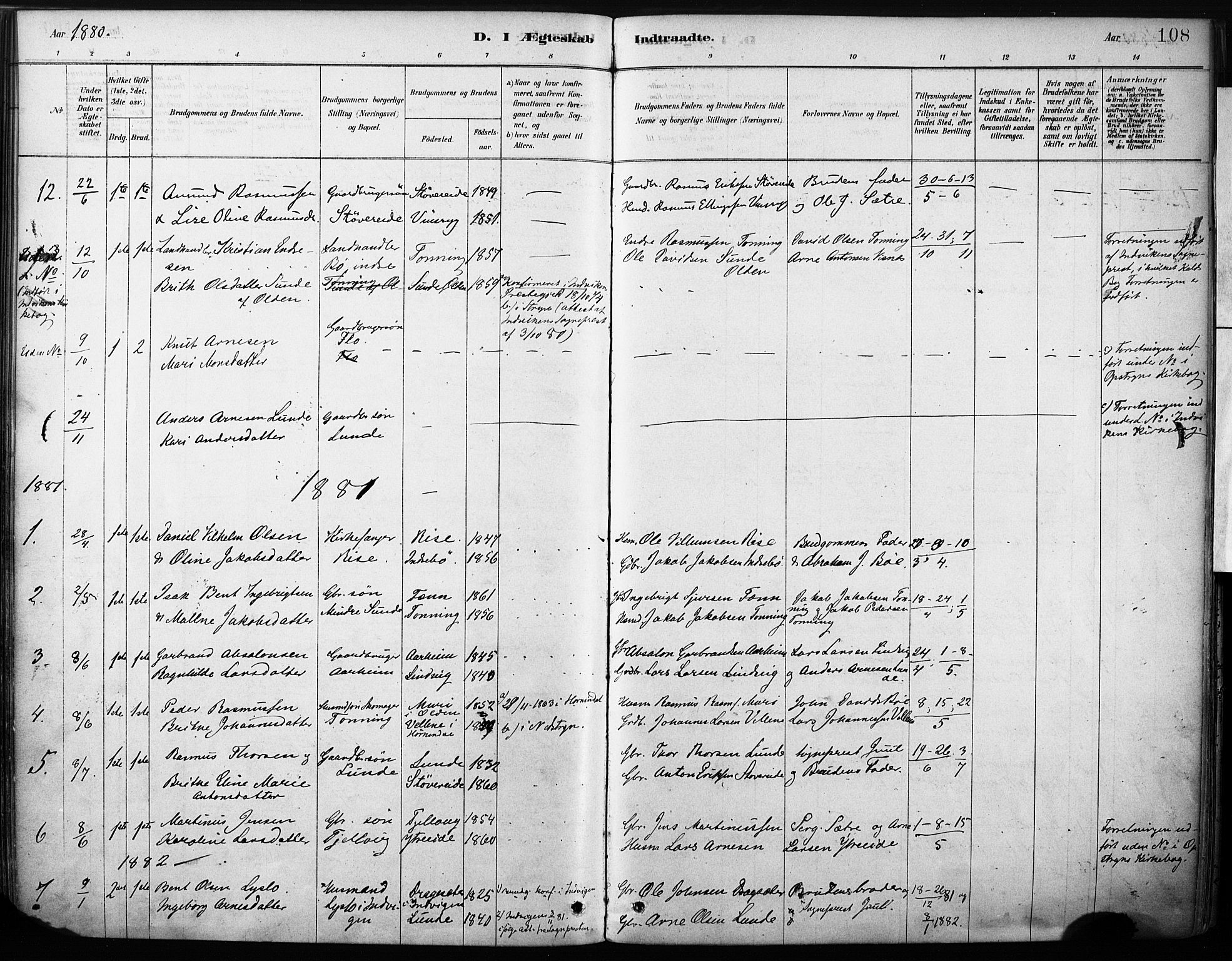 Stryn Sokneprestembete, SAB/A-82501: Parish register (official) no. B 1, 1878-1907, p. 108