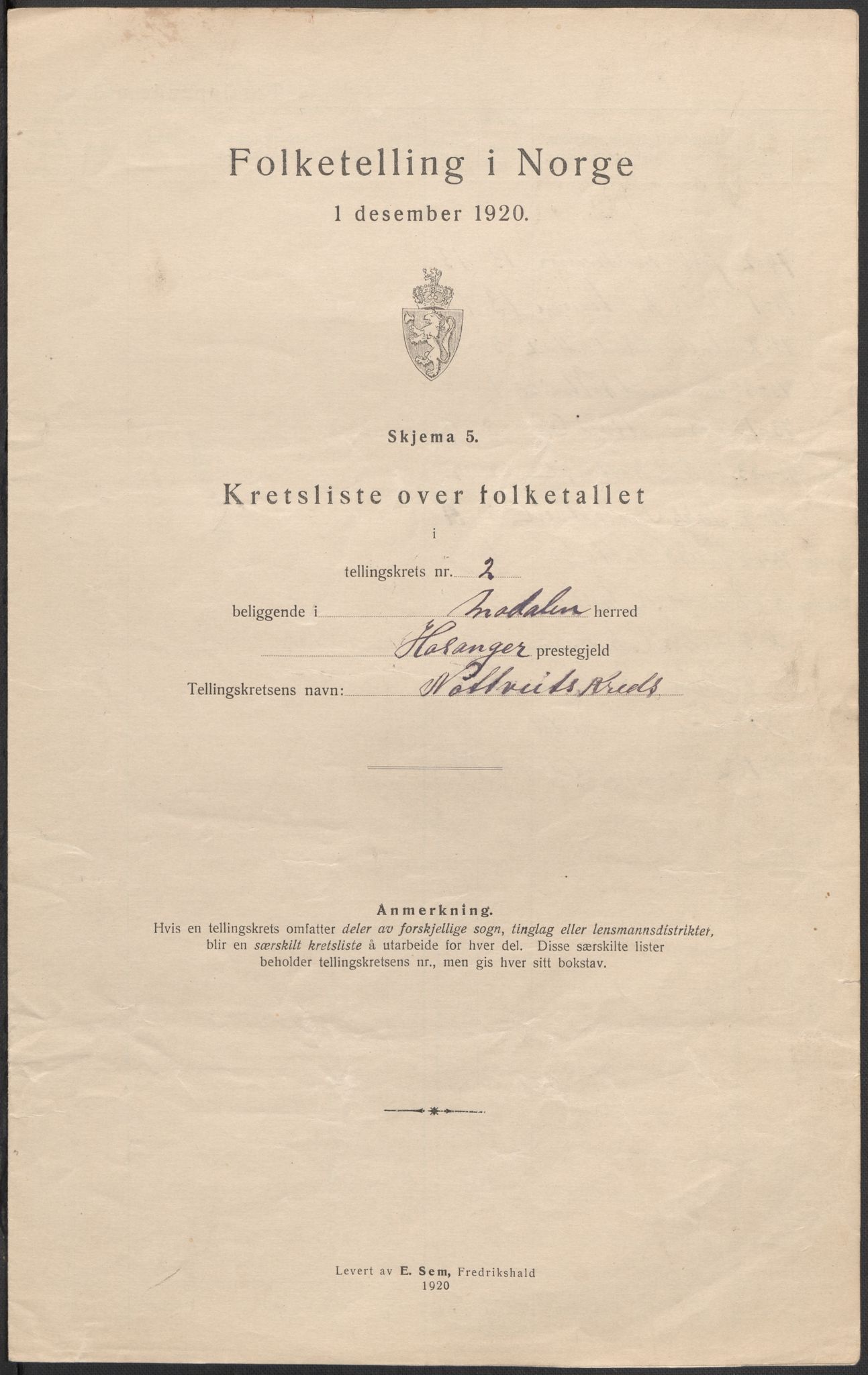 SAB, 1920 census for Modalen, 1920, p. 7