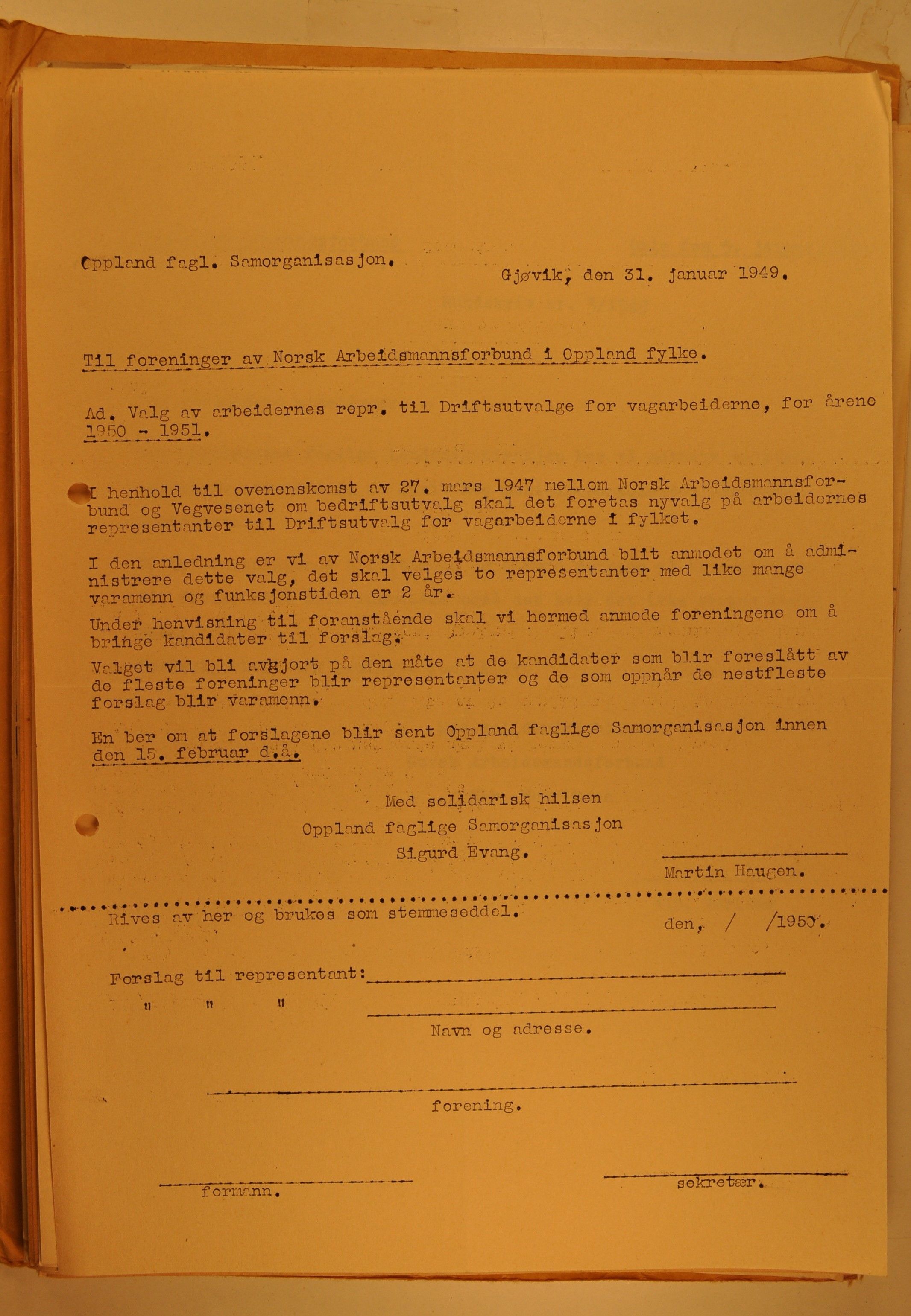 Hadeland Veiarbeiderforening, OARM/H-A-00304/D/Da/L0001/0017: Sakspapirer / Sakspapirer, 1949