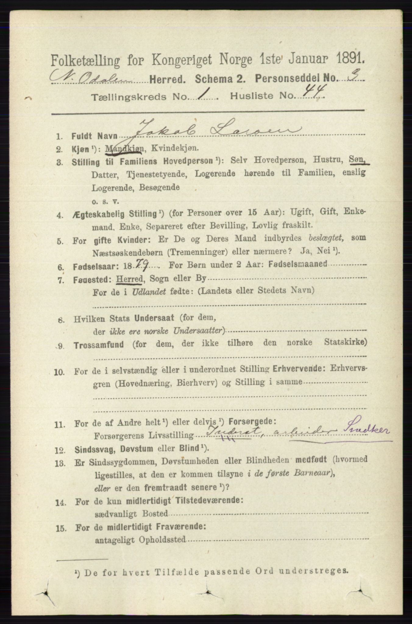 RA, 1891 census for 0418 Nord-Odal, 1891, p. 326