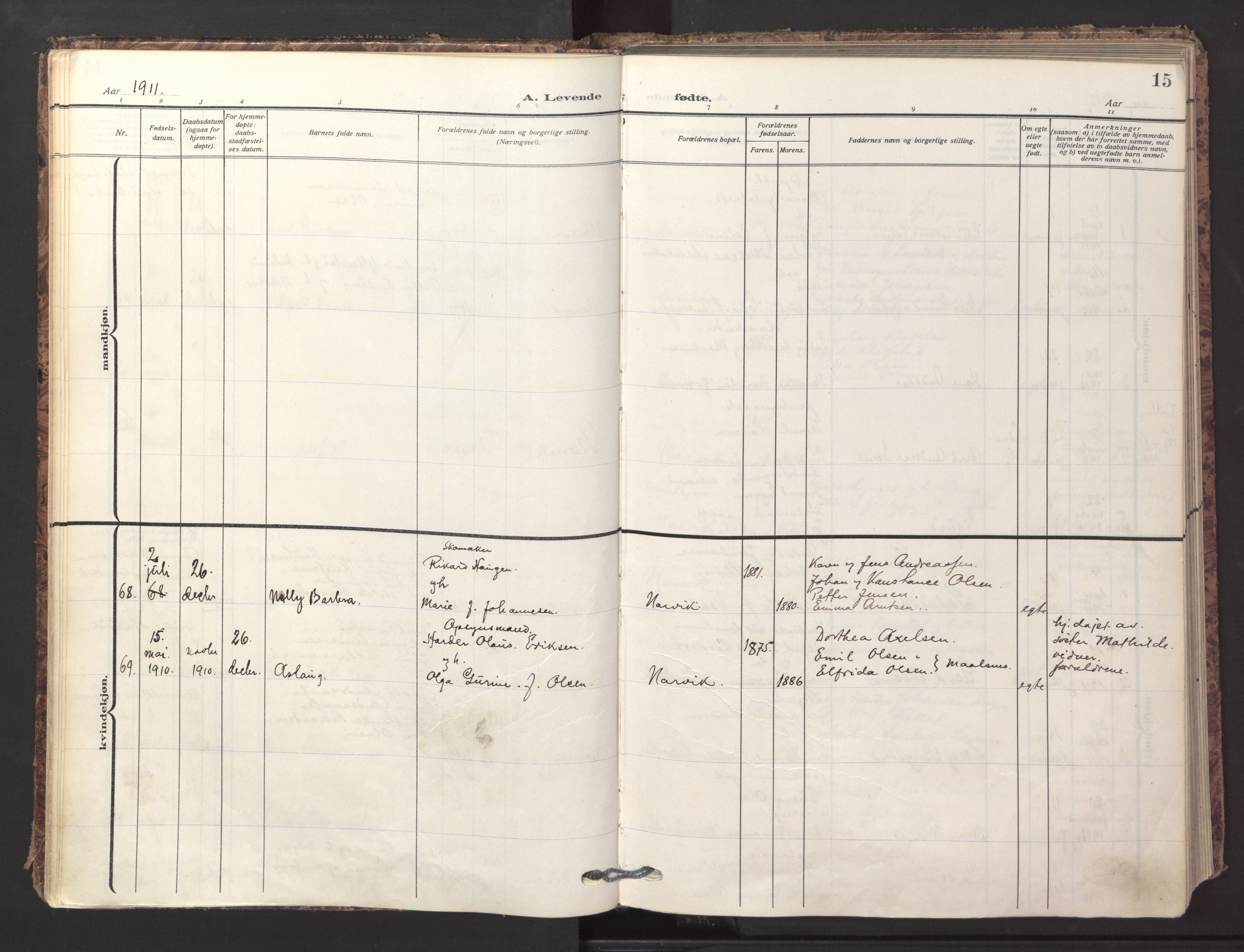 Ministerialprotokoller, klokkerbøker og fødselsregistre - Nordland, AV/SAT-A-1459/871/L1001: Parish register (official) no. 871A17, 1911-1921, p. 15