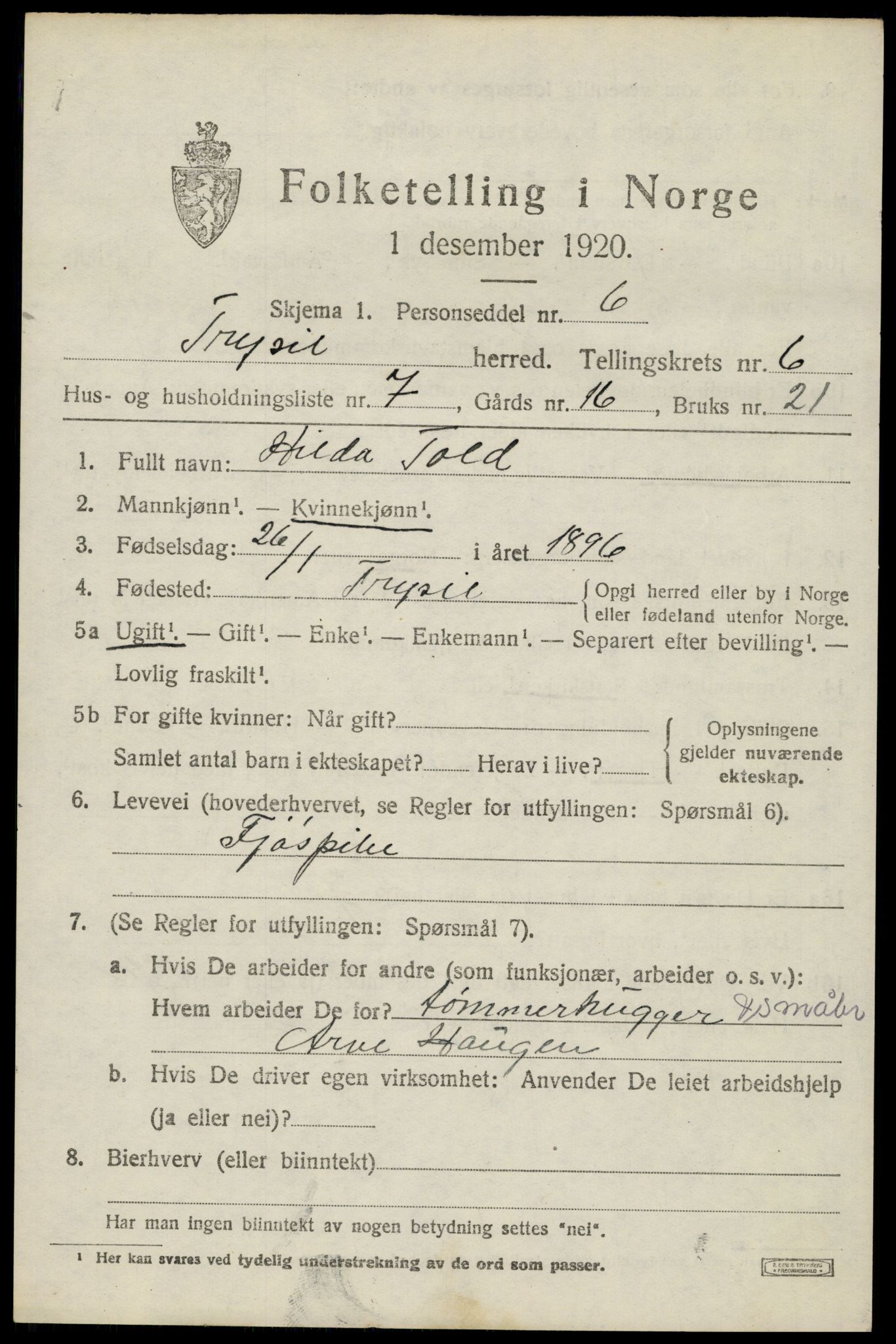 SAH, 1920 census for Trysil, 1920, p. 4611