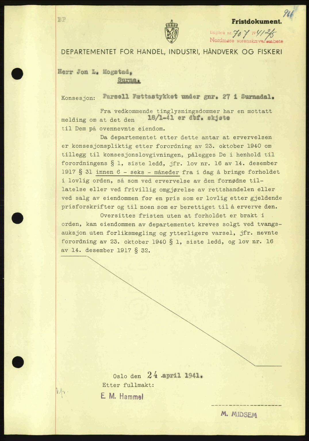 Nordmøre sorenskriveri, AV/SAT-A-4132/1/2/2Ca: Mortgage book no. B87, 1940-1941, Diary no: : 707/1941