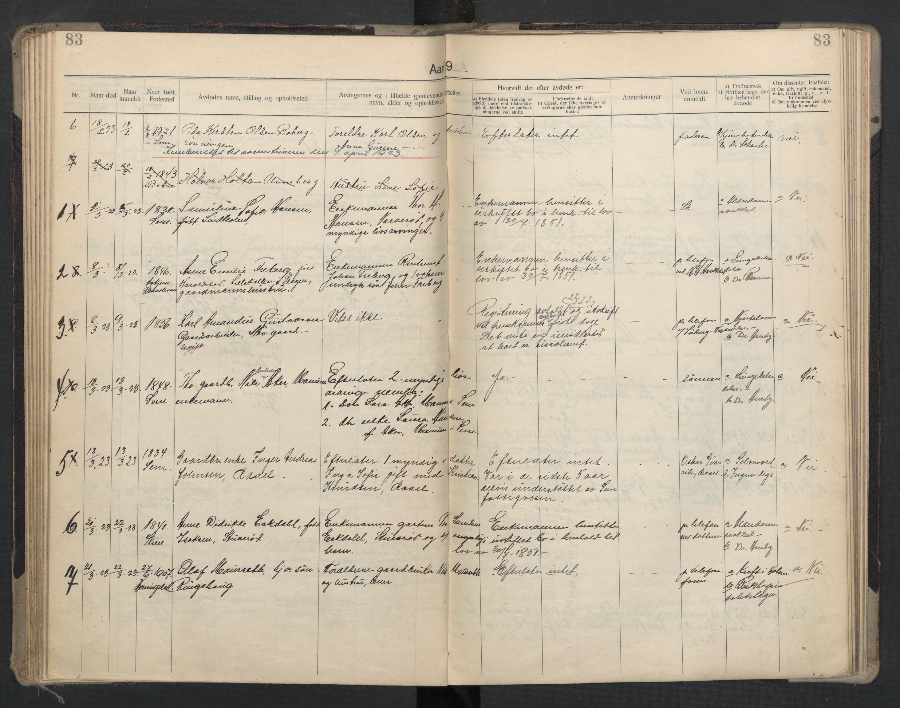 Sem lensmannskontor, AV/SAKO-A-547/H/Ha/L0006: Dødsfallsprotokoll, 1916-1930, p. 83