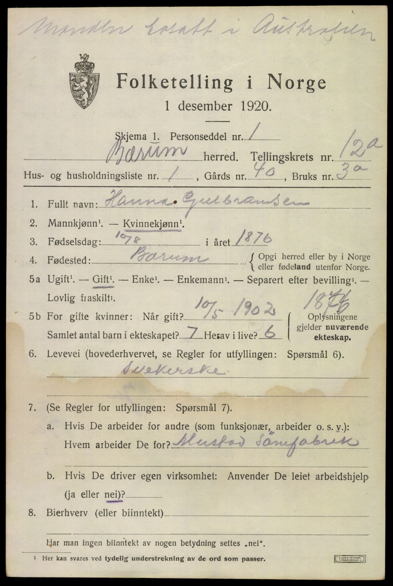 SAO, 1920 census for Bærum, 1920, p. 25420