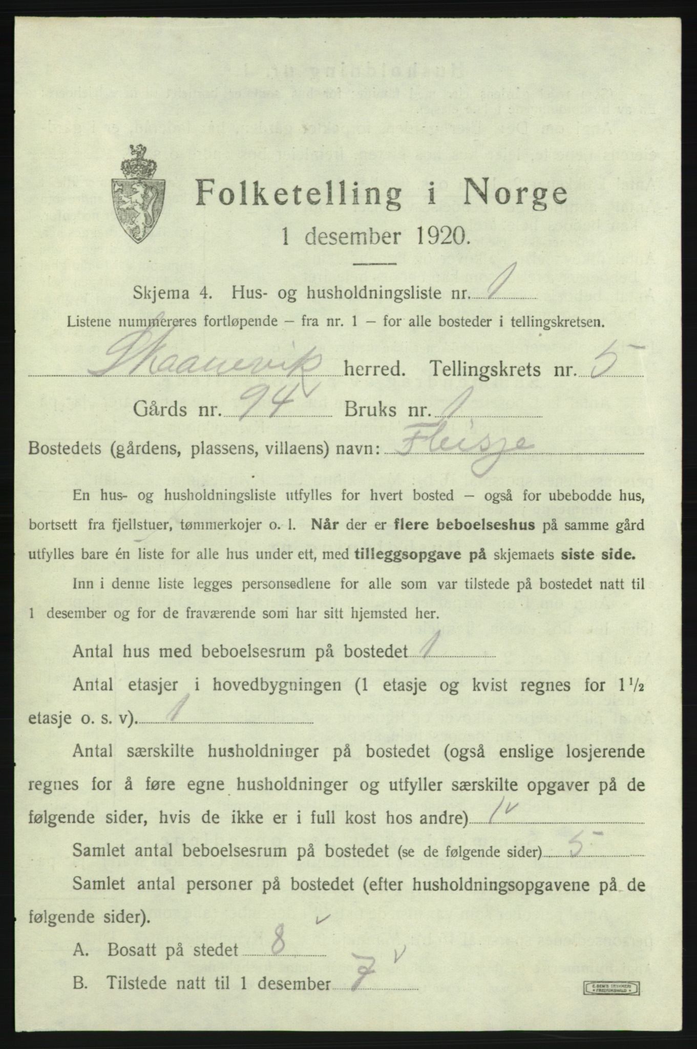 SAB, 1920 census for Skånevik, 1920, p. 709