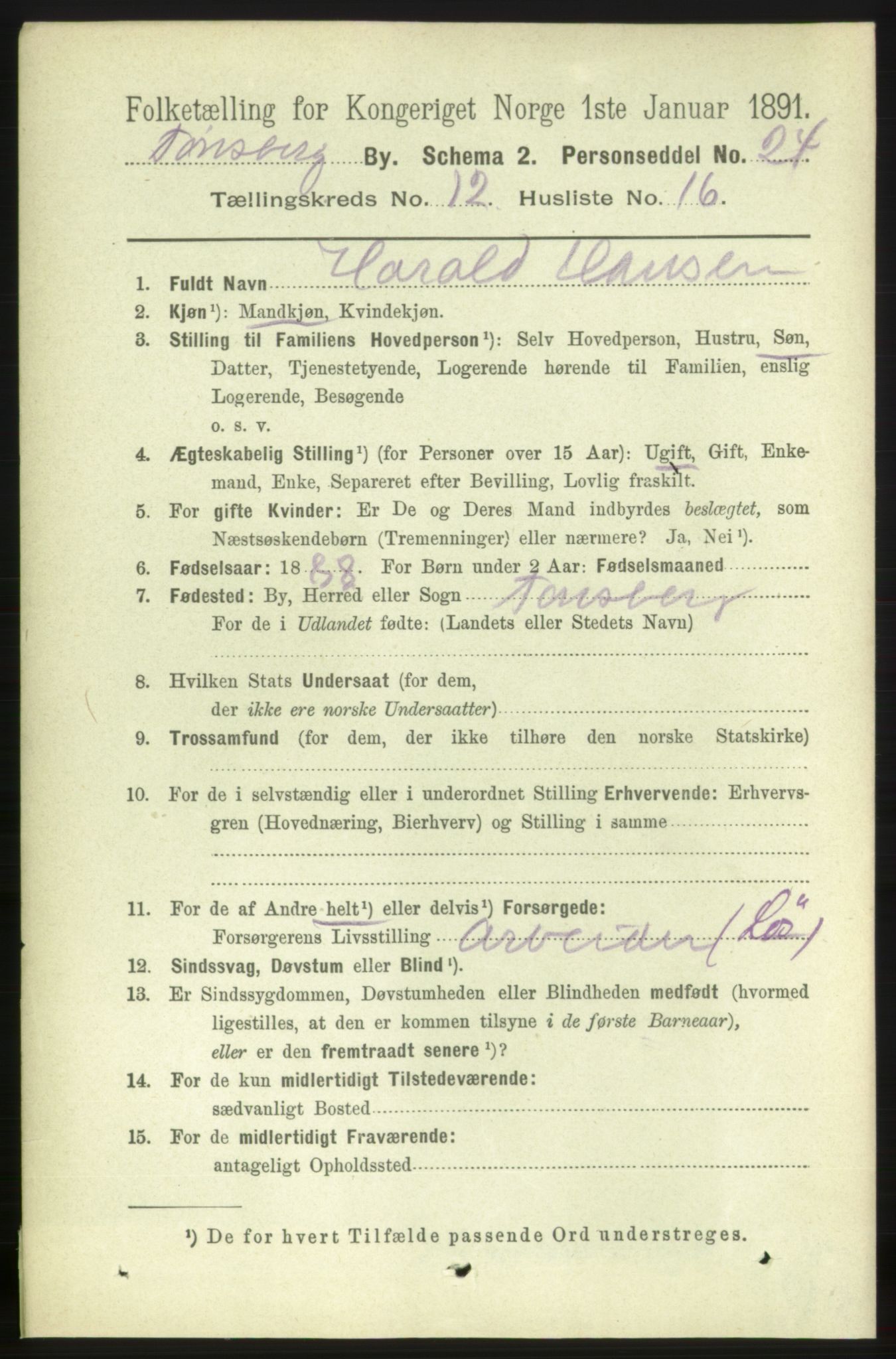 RA, 1891 census for 0705 Tønsberg, 1891, p. 4297