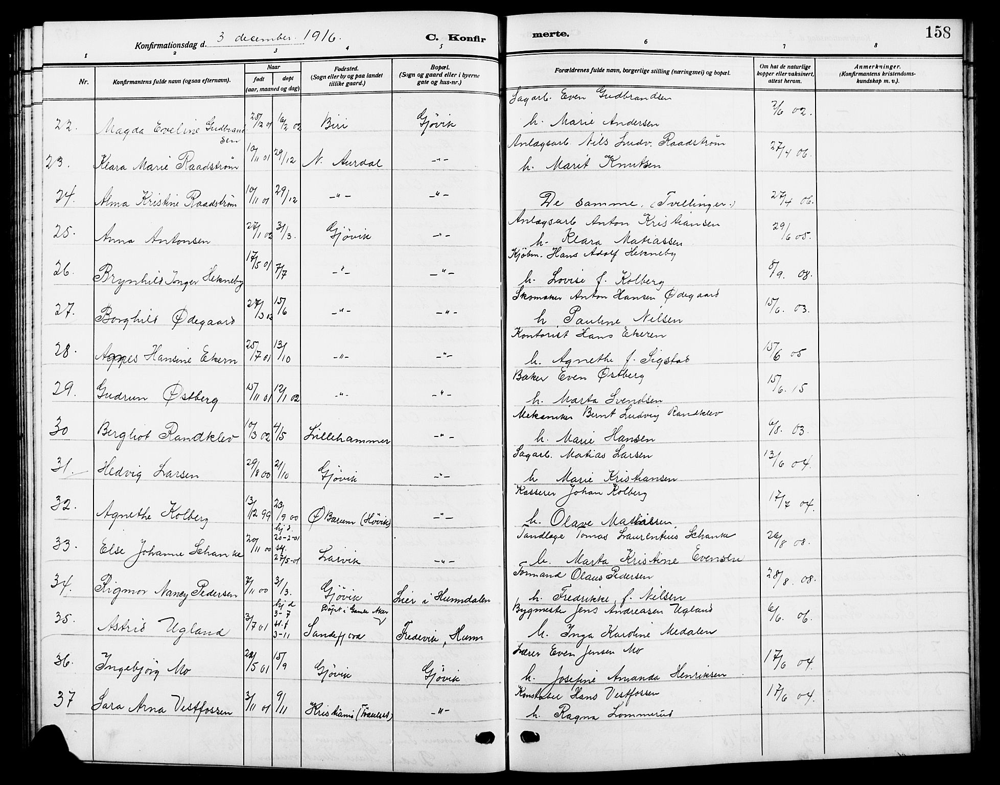 Vardal prestekontor, AV/SAH-PREST-100/H/Ha/Hab/L0014: Parish register (copy) no. 14, 1911-1922, p. 158