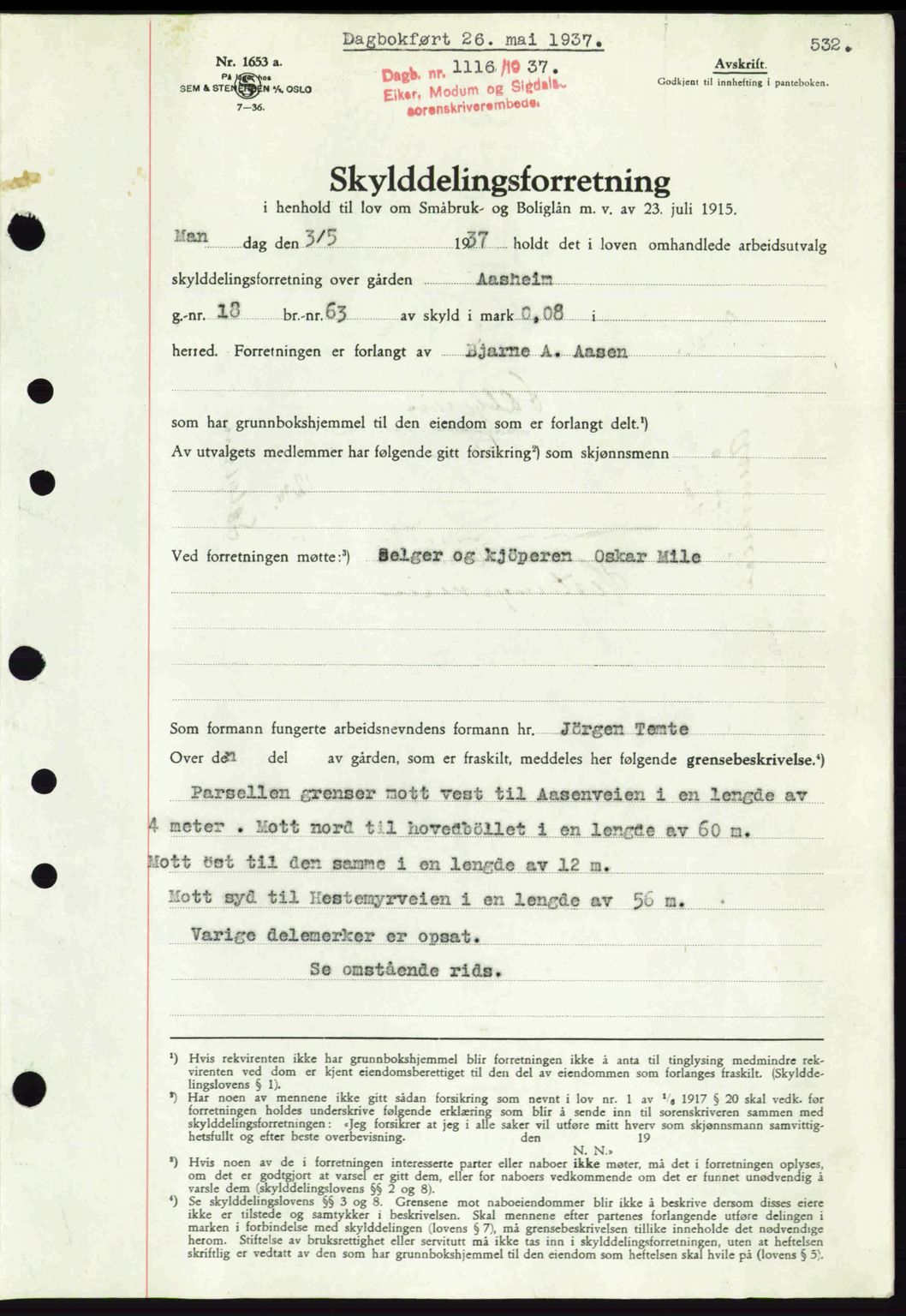 Eiker, Modum og Sigdal sorenskriveri, SAKO/A-123/G/Ga/Gab/L0035: Mortgage book no. A5, 1937-1937, Diary no: : 1116/1937