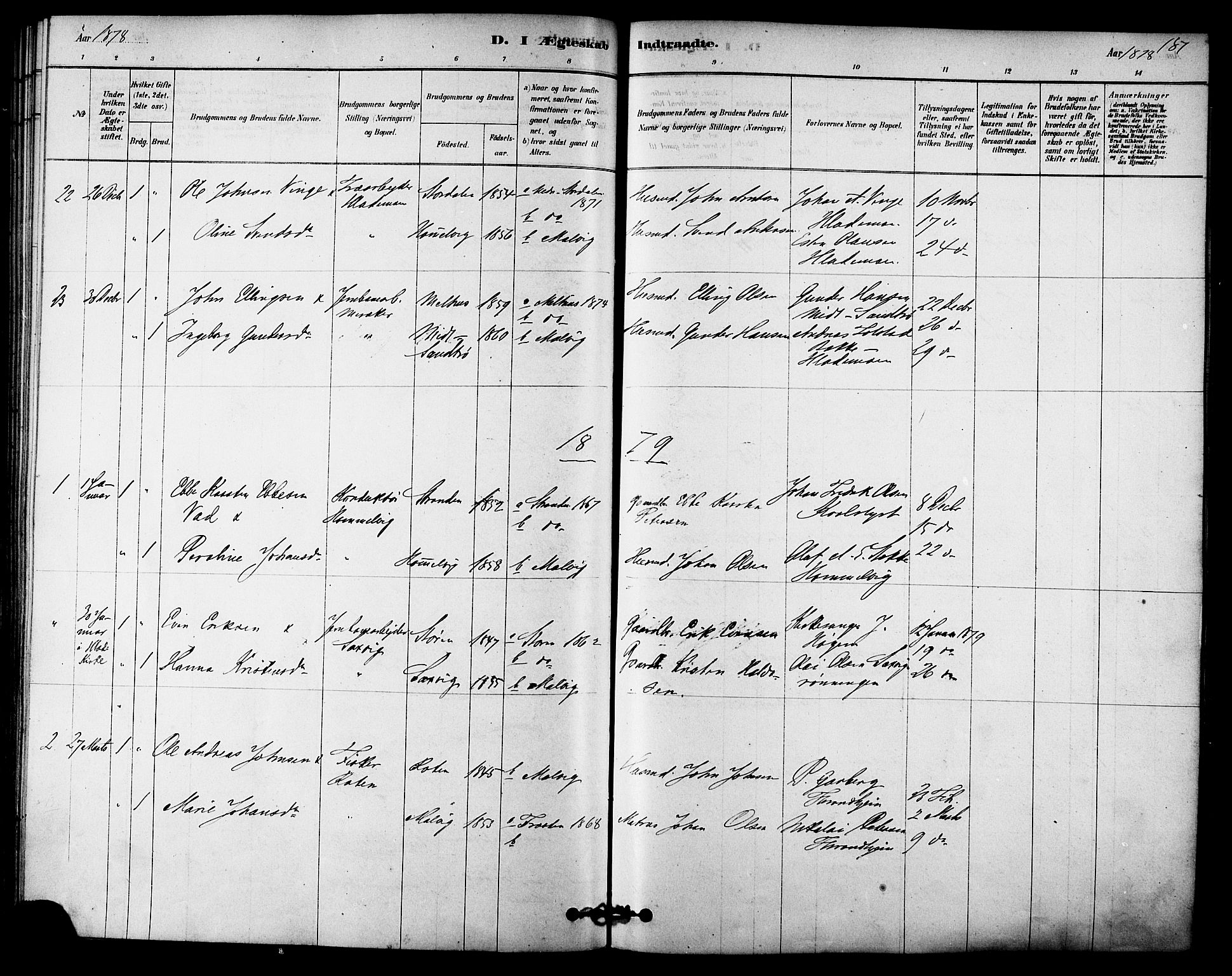Ministerialprotokoller, klokkerbøker og fødselsregistre - Sør-Trøndelag, SAT/A-1456/616/L0410: Parish register (official) no. 616A07, 1878-1893, p. 187