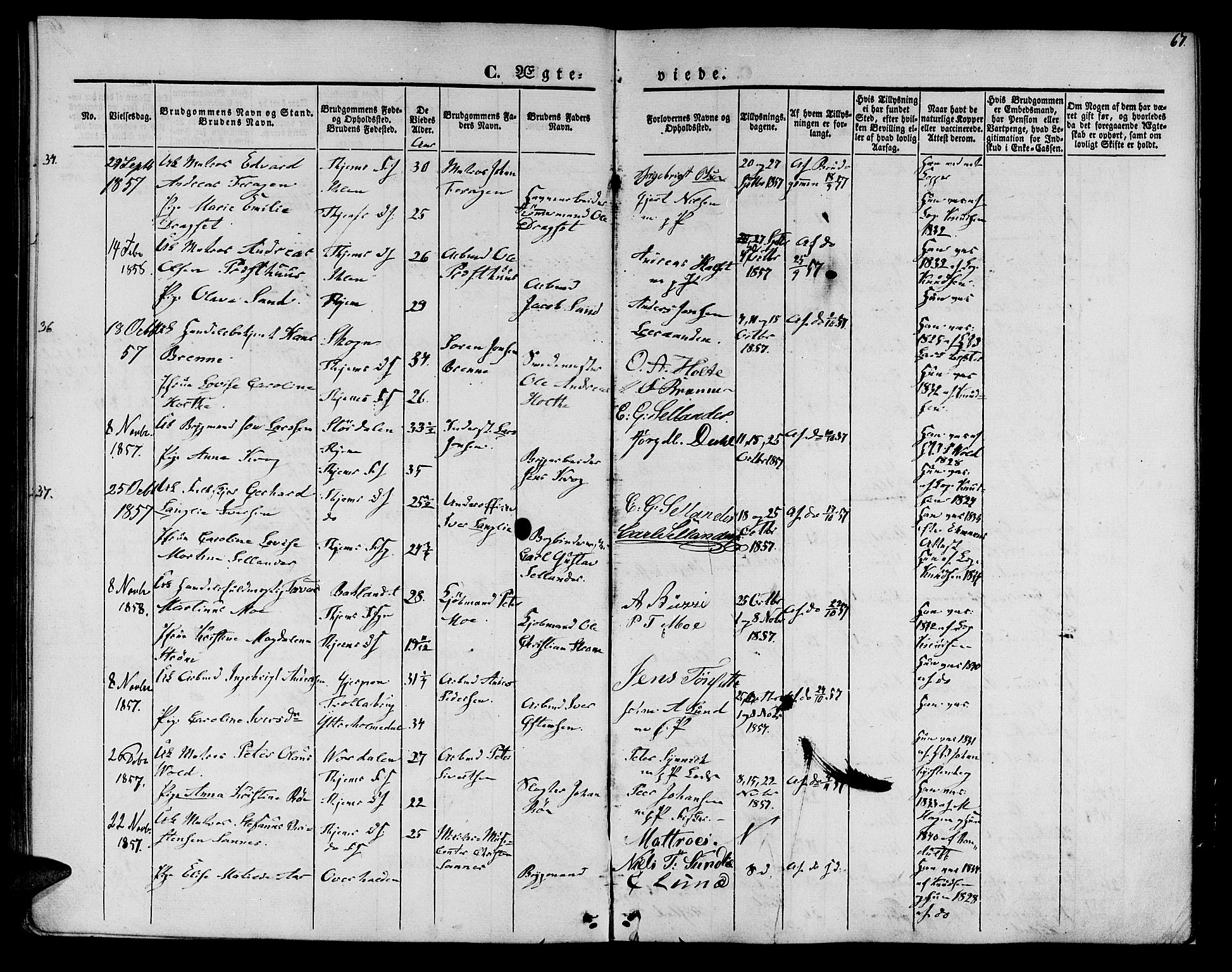 Ministerialprotokoller, klokkerbøker og fødselsregistre - Sør-Trøndelag, SAT/A-1456/602/L0111: Parish register (official) no. 602A09, 1844-1867, p. 67