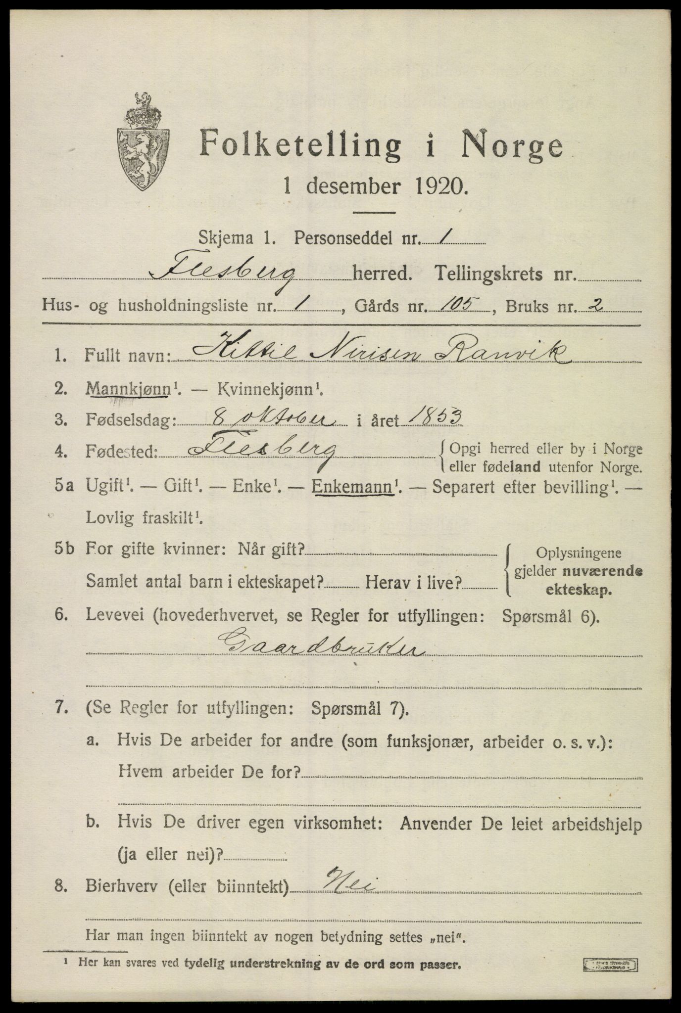 SAKO, 1920 census for Flesberg, 1920, p. 3843