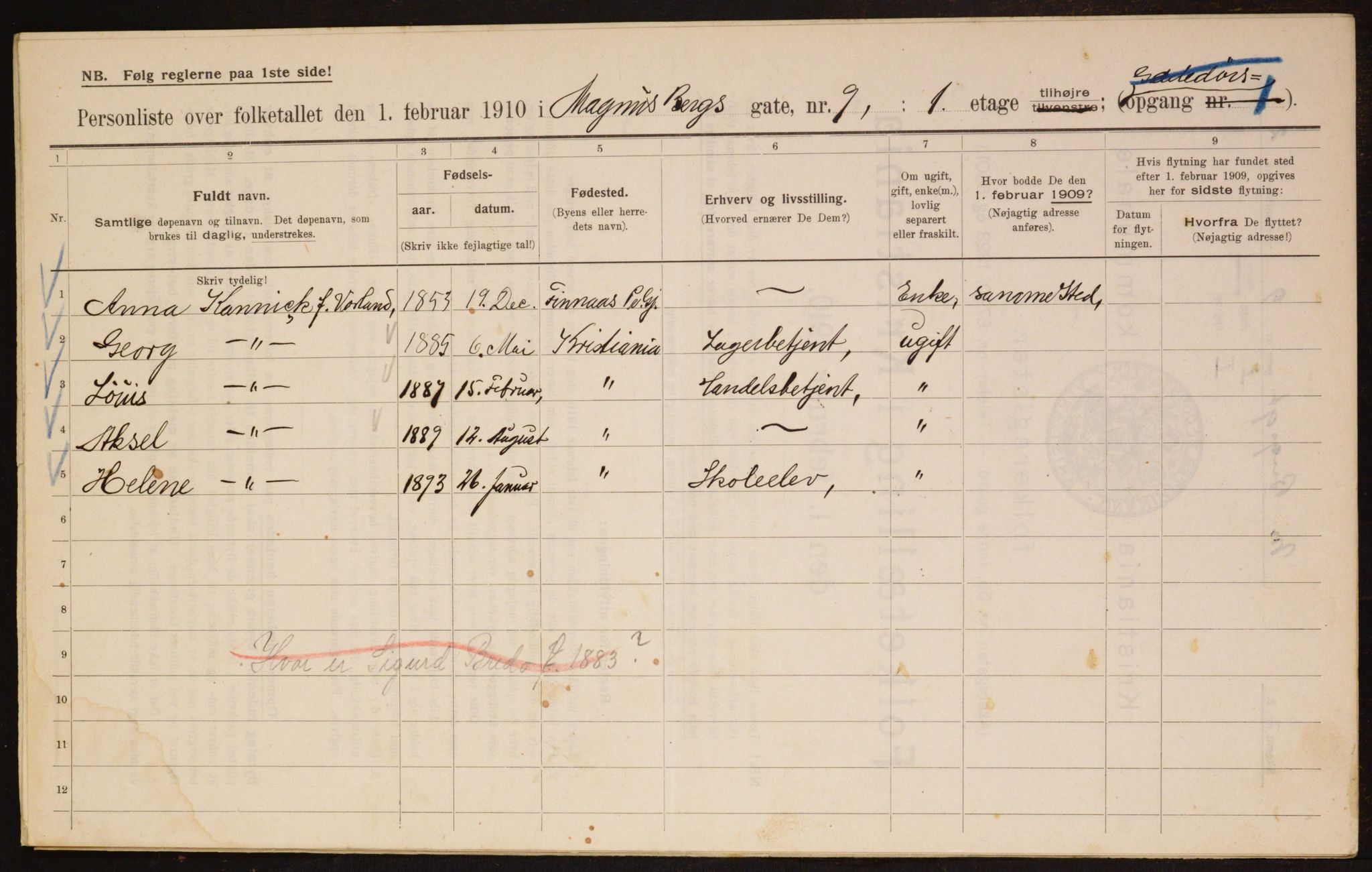 OBA, Municipal Census 1910 for Kristiania, 1910, p. 57199