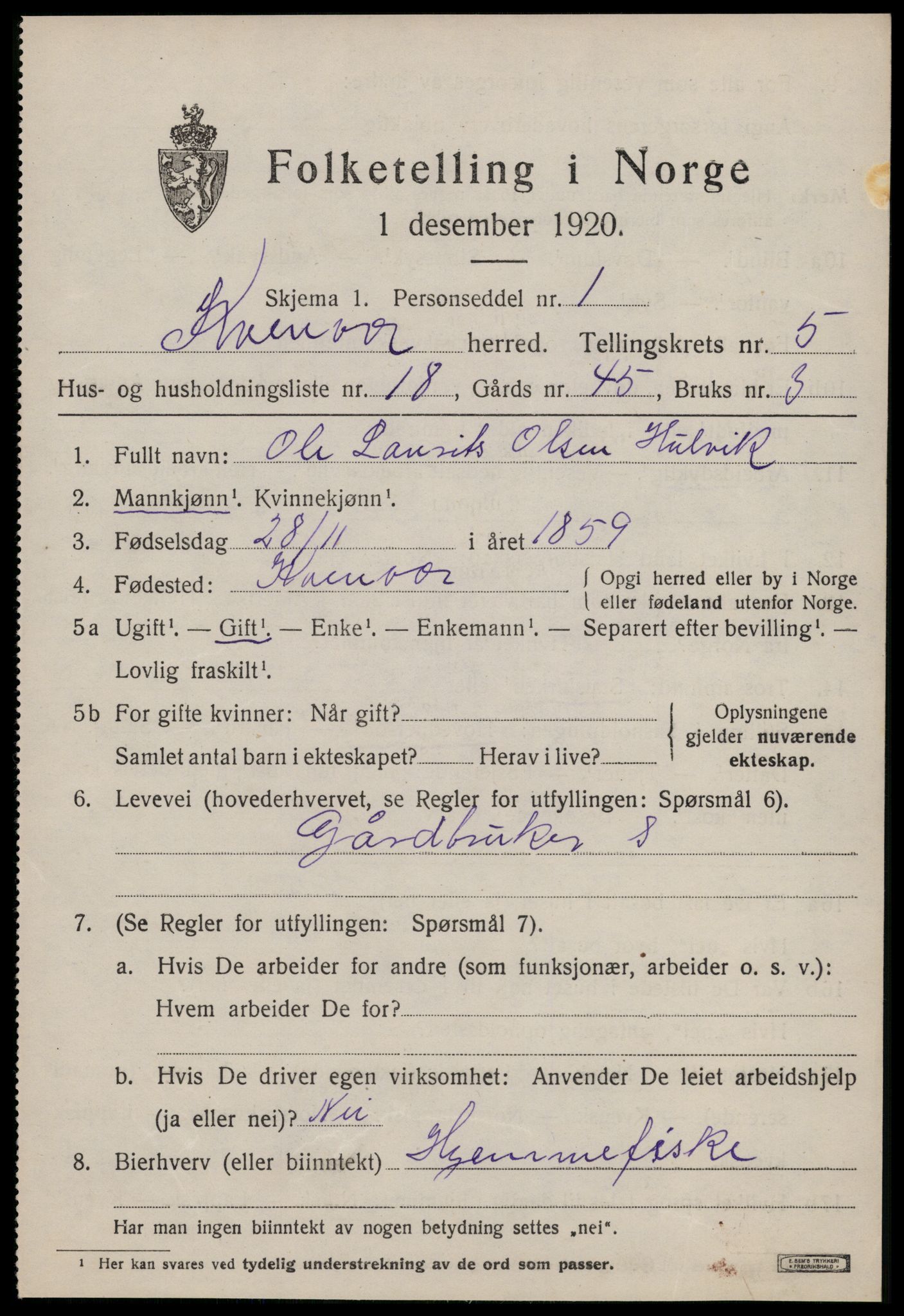 SAT, 1920 census for Kvenvær, 1920, p. 2094