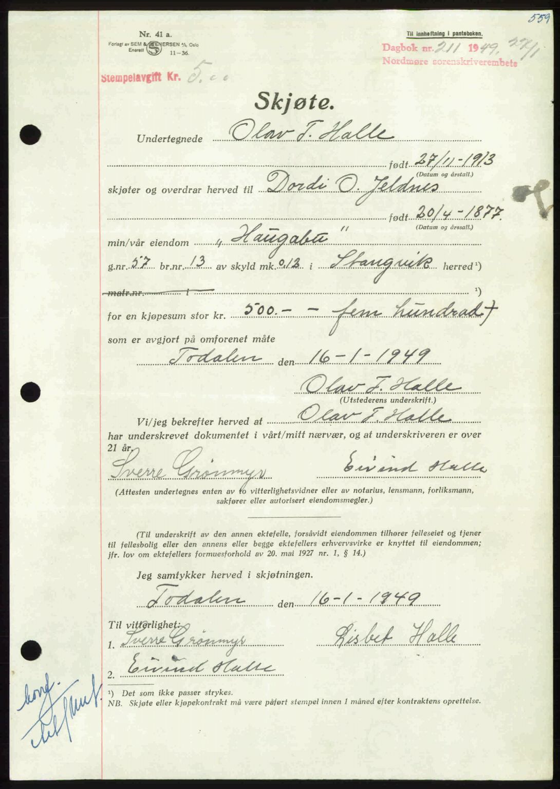 Nordmøre sorenskriveri, AV/SAT-A-4132/1/2/2Ca: Mortgage book no. A110, 1948-1949, Diary no: : 211/1949