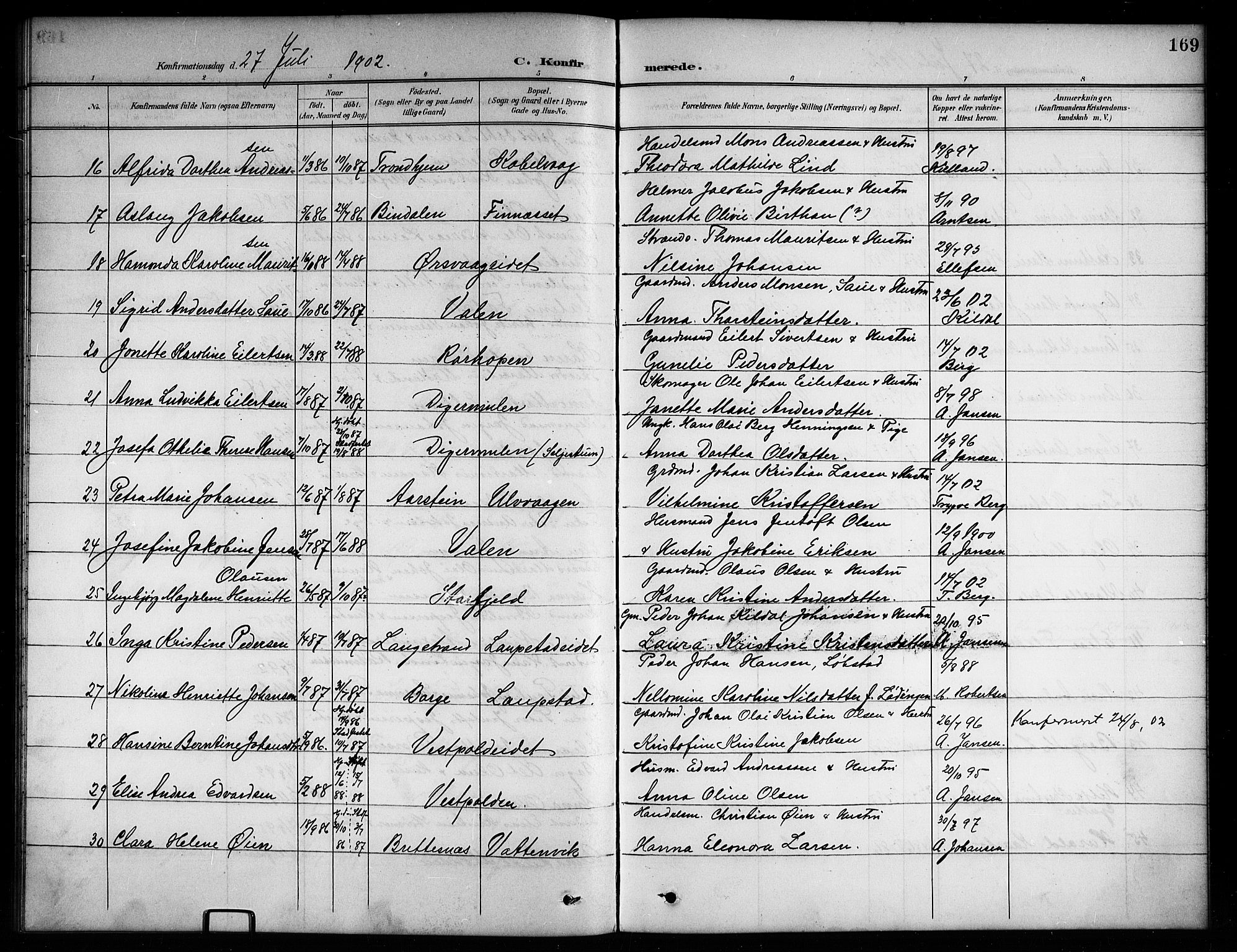 Ministerialprotokoller, klokkerbøker og fødselsregistre - Nordland, AV/SAT-A-1459/874/L1078: Parish register (copy) no. 874C07, 1900-1907, p. 169