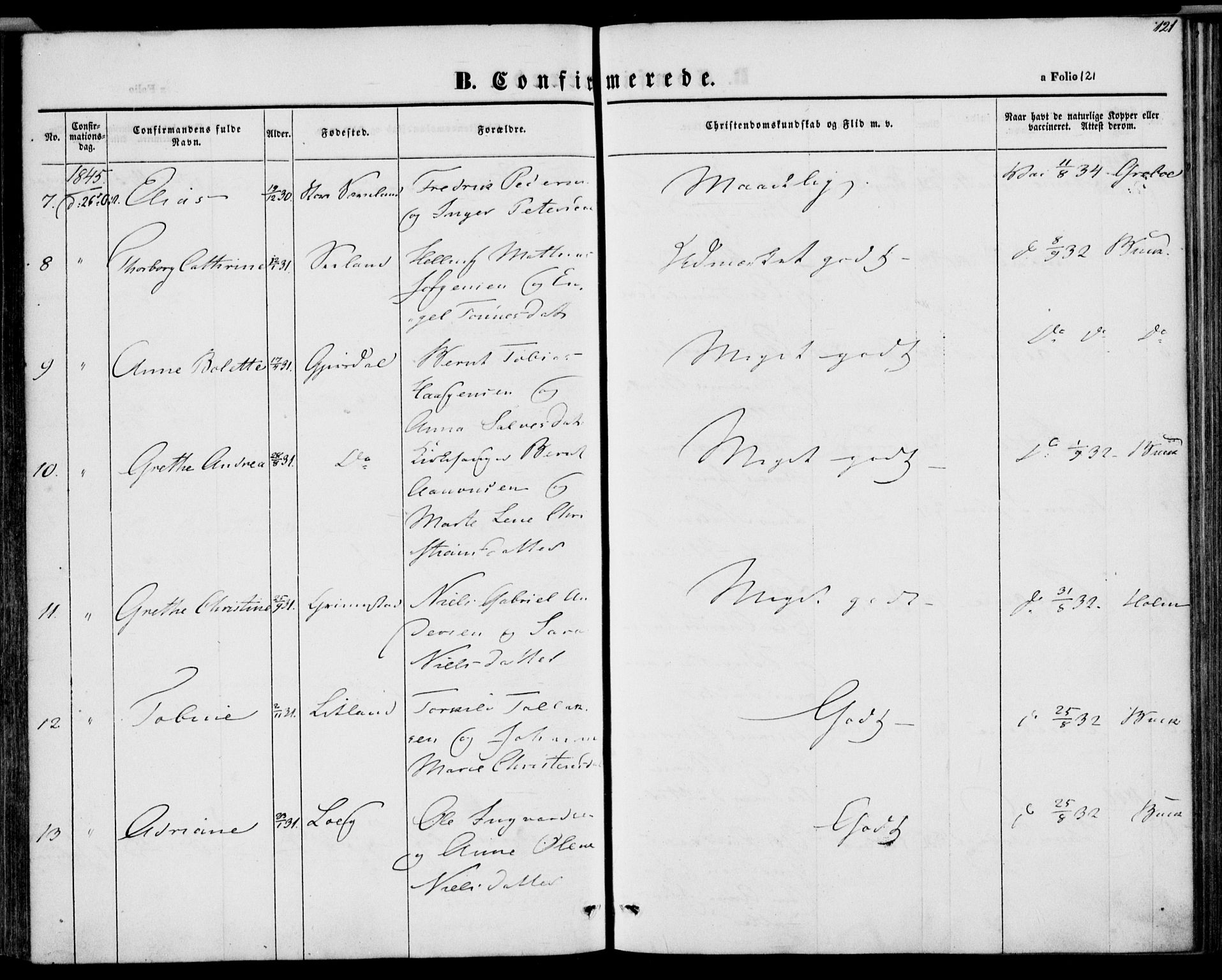 Herad sokneprestkontor, AV/SAK-1111-0018/F/Fa/Faa/L0004: Parish register (official) no. A 4, 1844-1853, p. 121