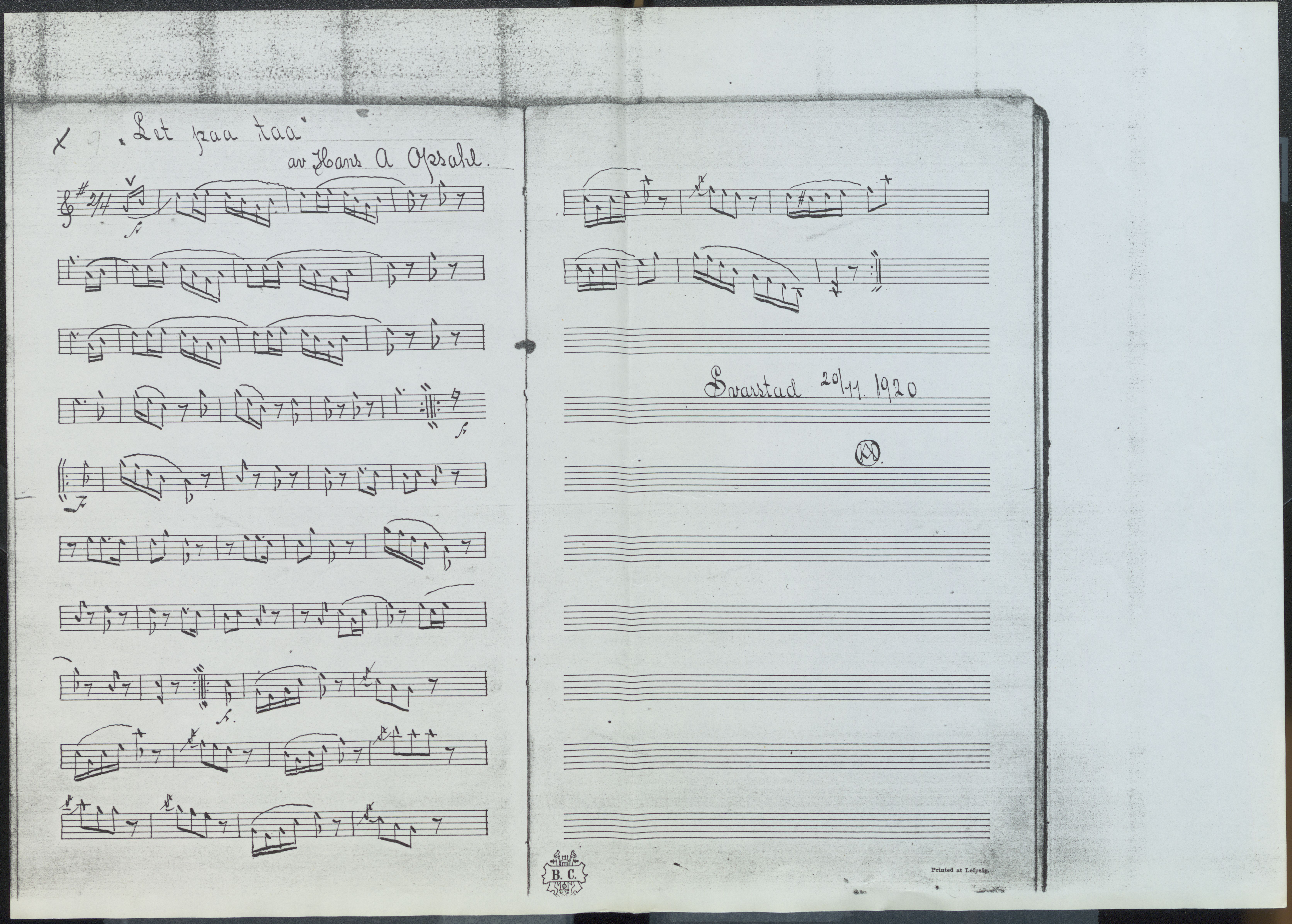 Sa 42 - Storgårds- og folkemusikk fra Klokkergården (Lardal bygdetun), VEMU/A-2514/F/L0001/0006: Originale håndskrevne, trykte og kopierte noter og notebøker, hefter, brev m.m. / Noter etter Hans Andreassen Opsahl, Lardal, 1820-1920