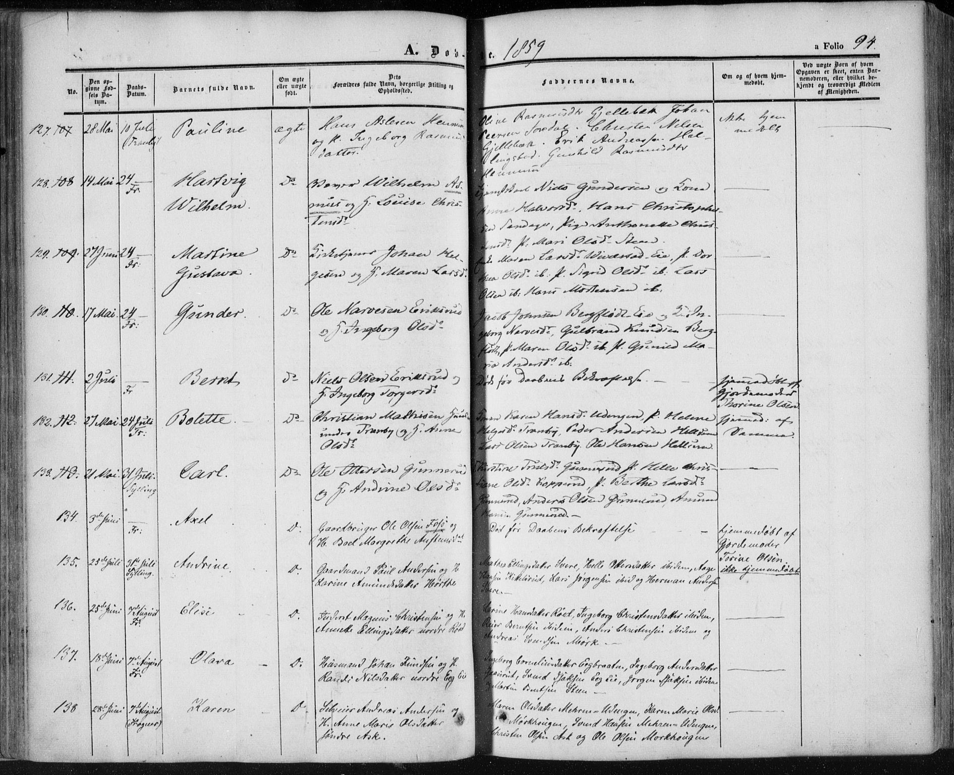 Lier kirkebøker, AV/SAKO-A-230/F/Fa/L0012: Parish register (official) no. I 12, 1854-1864, p. 94