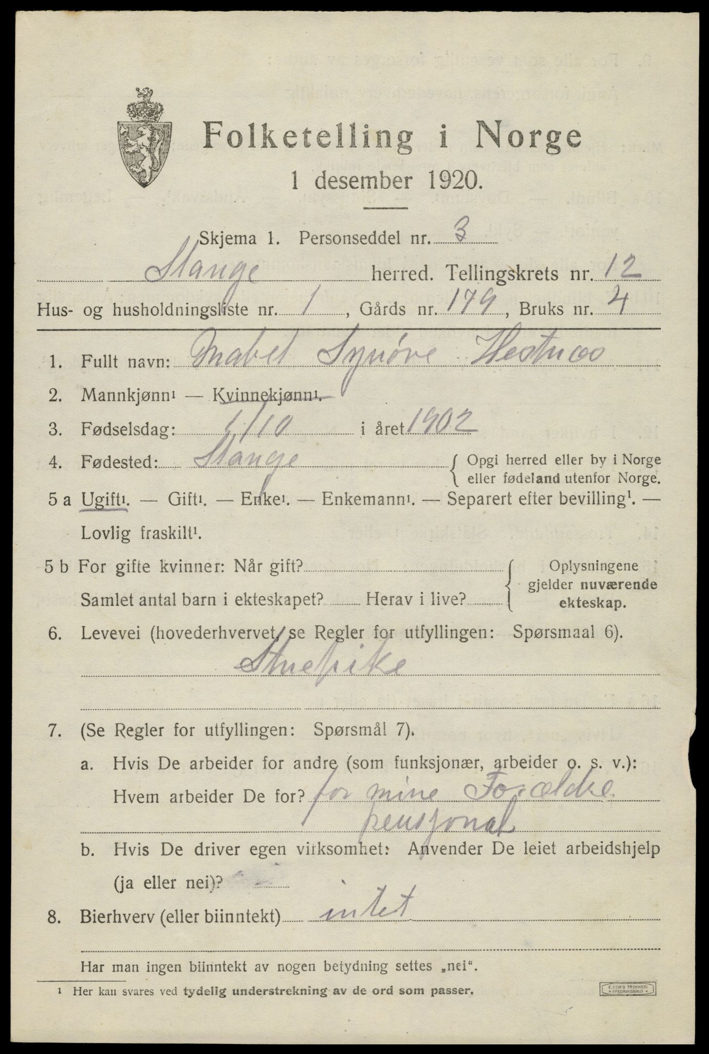 SAH, 1920 census for Stange, 1920, p. 18273