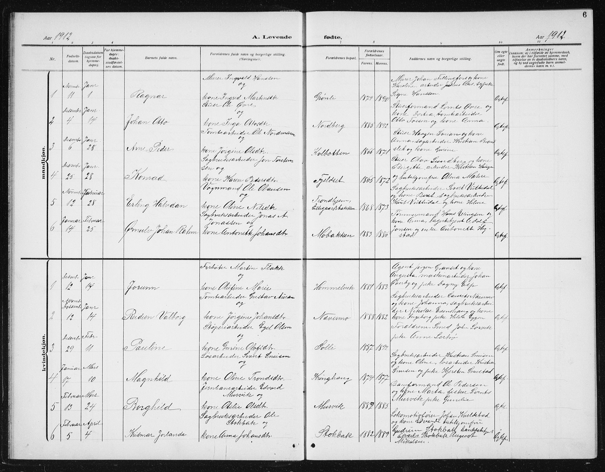 Ministerialprotokoller, klokkerbøker og fødselsregistre - Sør-Trøndelag, SAT/A-1456/617/L0431: Parish register (copy) no. 617C02, 1910-1936, p. 6
