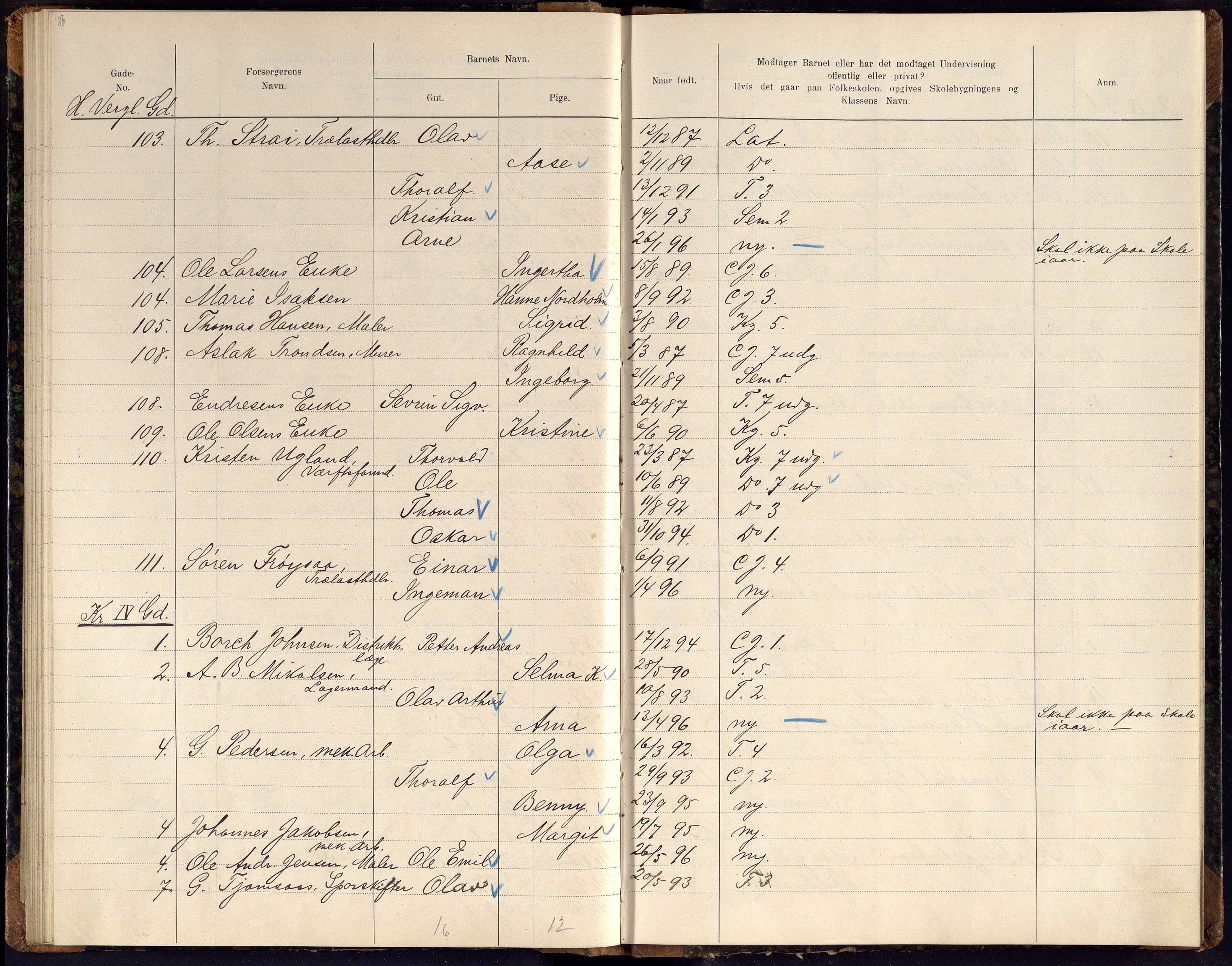 Kristiansand By - Skolekommisjonen/ -Styret, ARKSOR/1001KG510/J/Jb/L0011: Barnetelling, 1902, p. 87-88