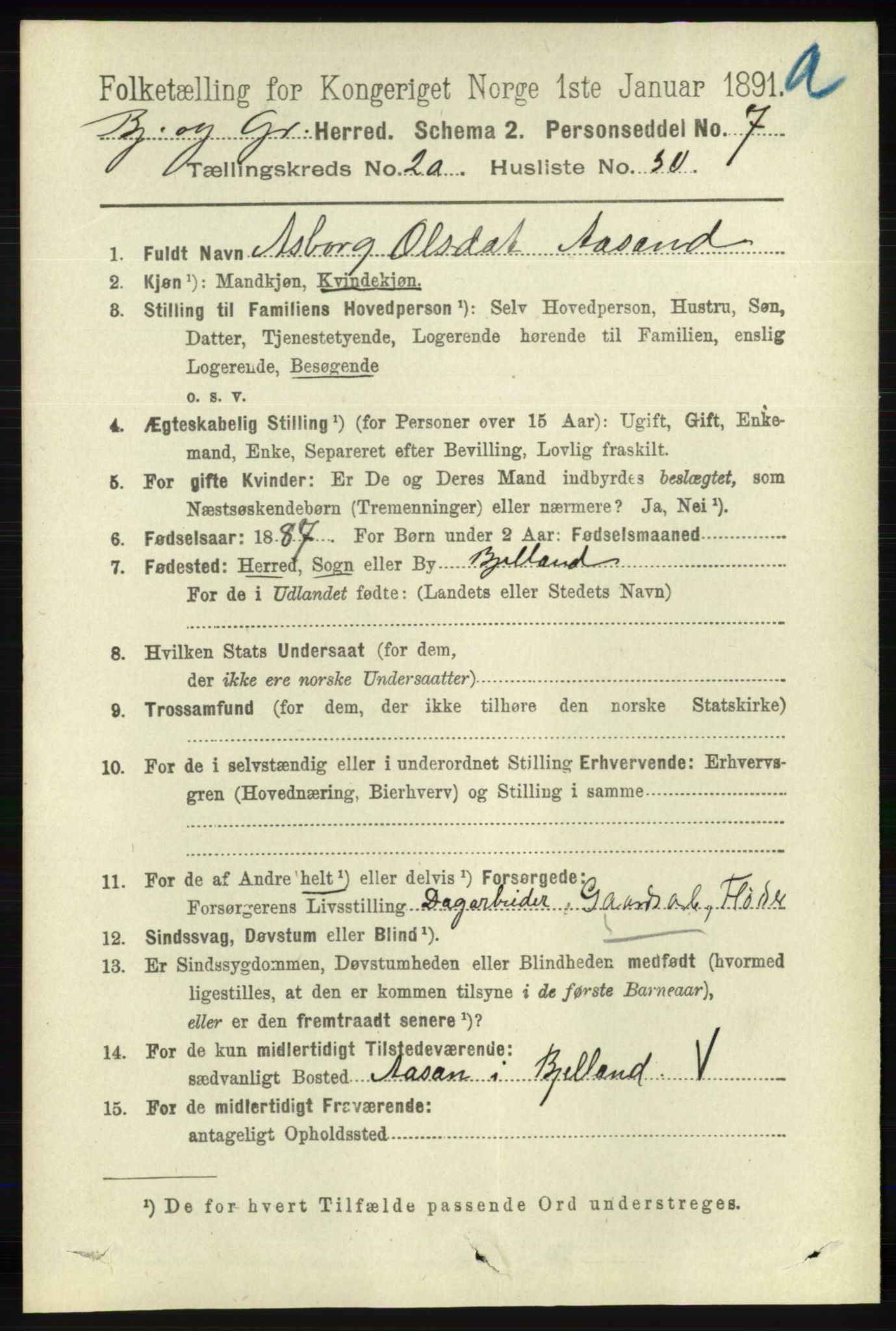 RA, 1891 census for 1024 Bjelland og Grindheim, 1891, p. 1403