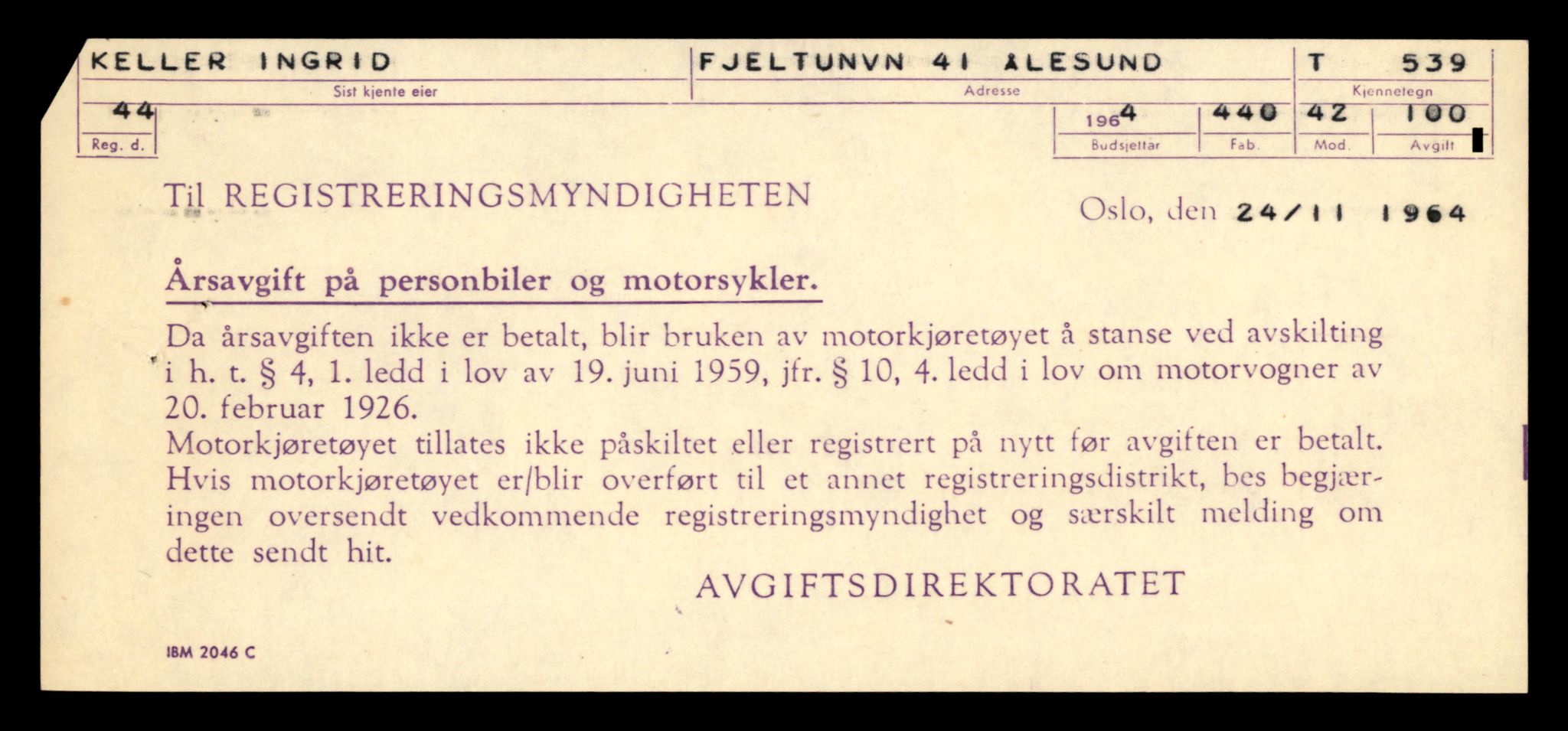 Møre og Romsdal vegkontor - Ålesund trafikkstasjon, SAT/A-4099/F/Fe/L0005: Registreringskort for kjøretøy T 443 - T 546, 1927-1998, p. 259