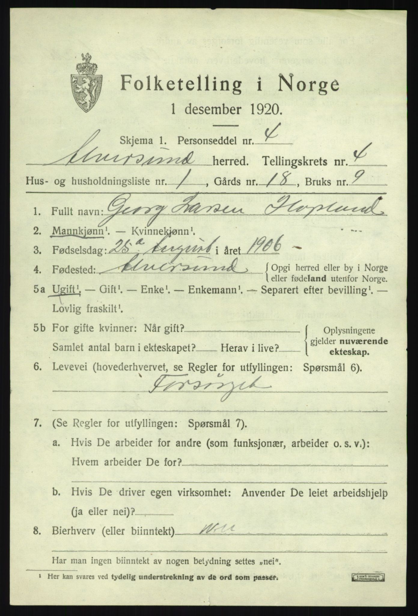 SAB, 1920 census for Alversund, 1920, p. 2664