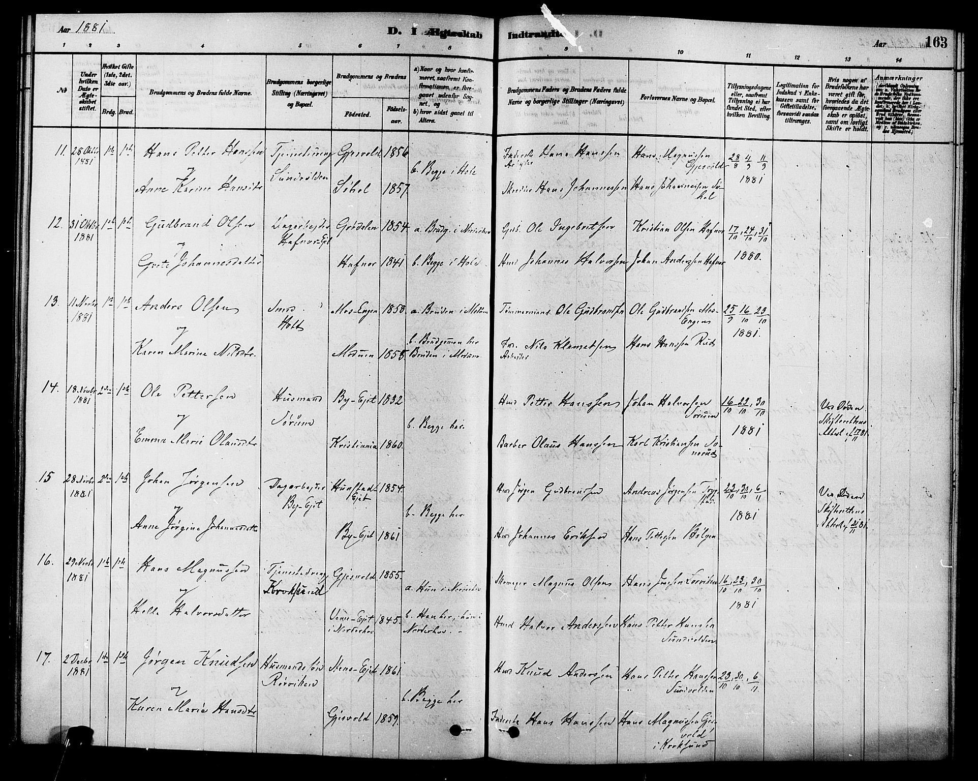 Hole kirkebøker, SAKO/A-228/F/Fa/L0008: Parish register (official) no. I 8, 1878-1891, p. 163
