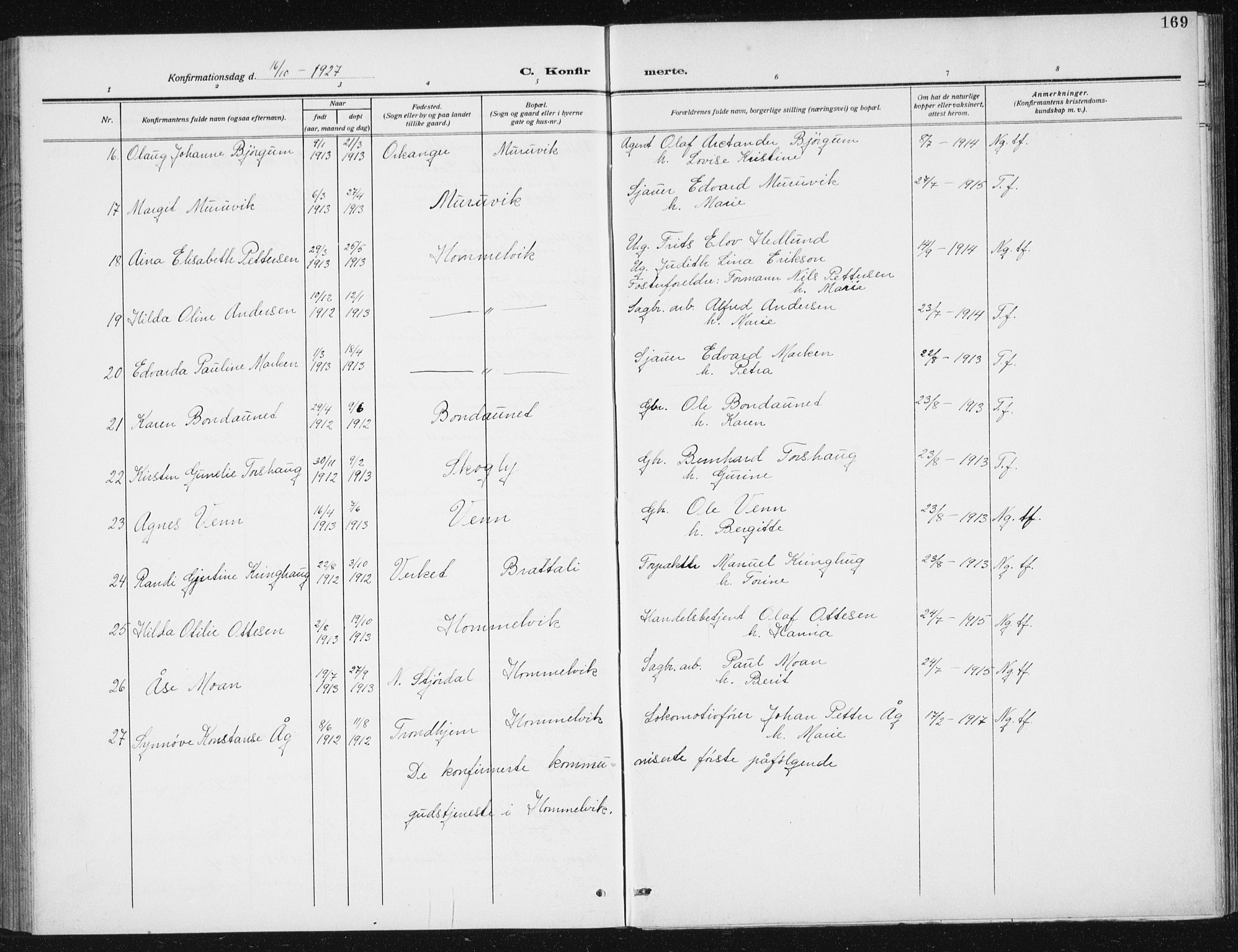 Ministerialprotokoller, klokkerbøker og fødselsregistre - Sør-Trøndelag, SAT/A-1456/617/L0431: Parish register (copy) no. 617C02, 1910-1936, p. 169