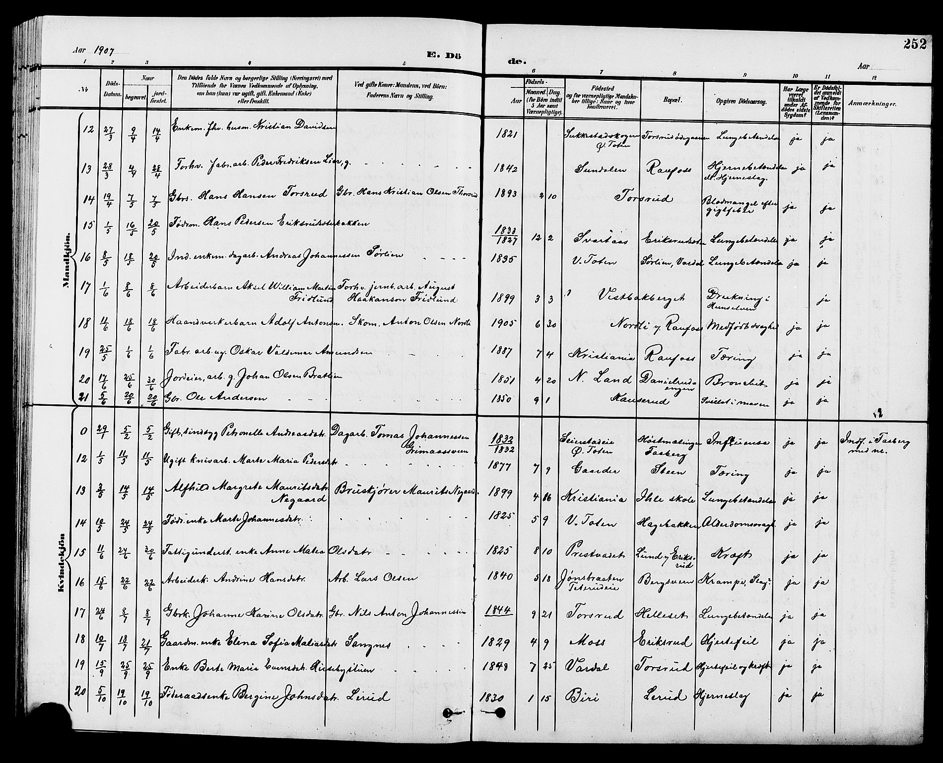 Vestre Toten prestekontor, AV/SAH-PREST-108/H/Ha/Hab/L0010: Parish register (copy) no. 10, 1900-1912, p. 252