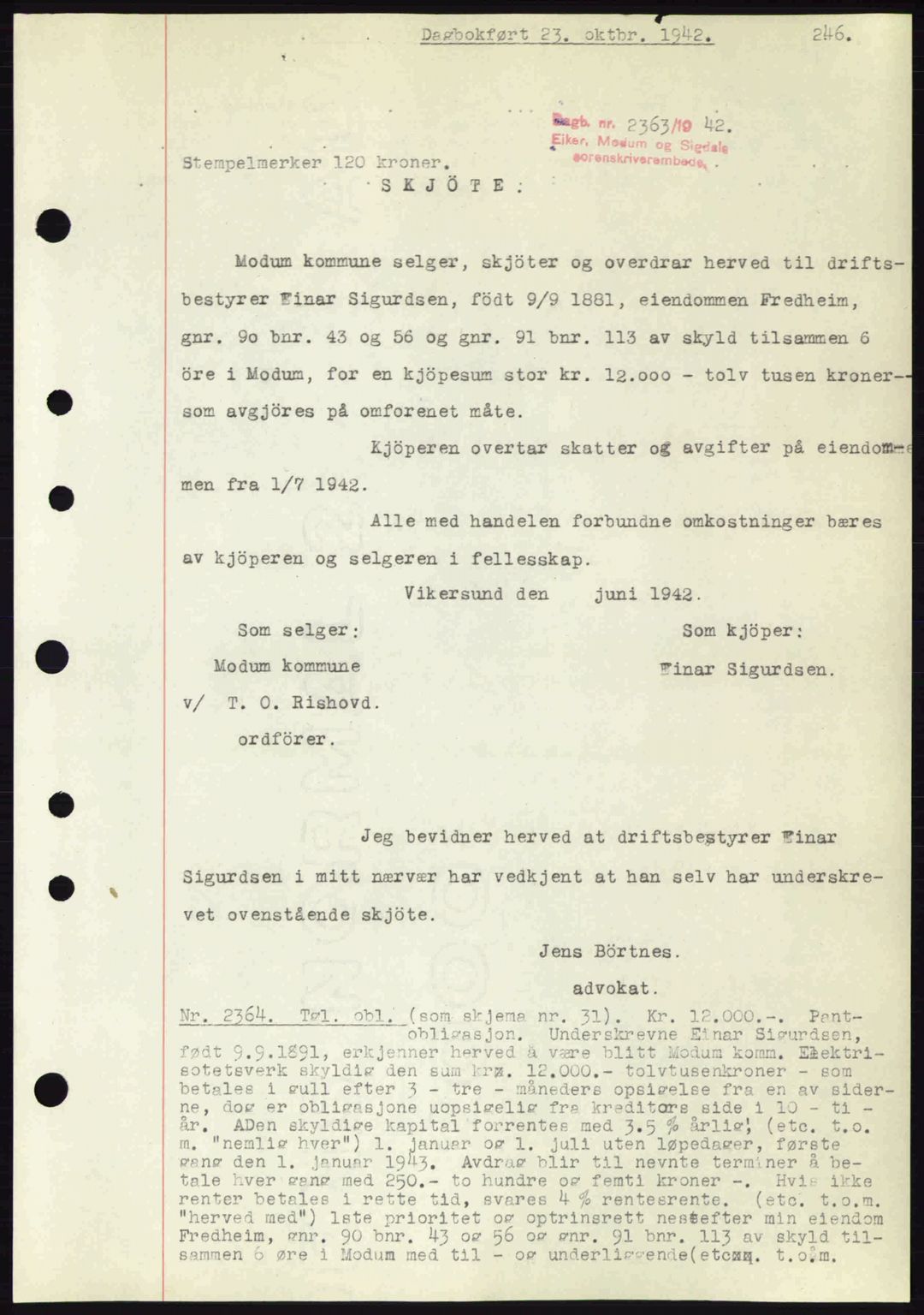Eiker, Modum og Sigdal sorenskriveri, SAKO/A-123/G/Ga/Gab/L0047: Mortgage book no. A17, 1942-1943, Diary no: : 2363/1942