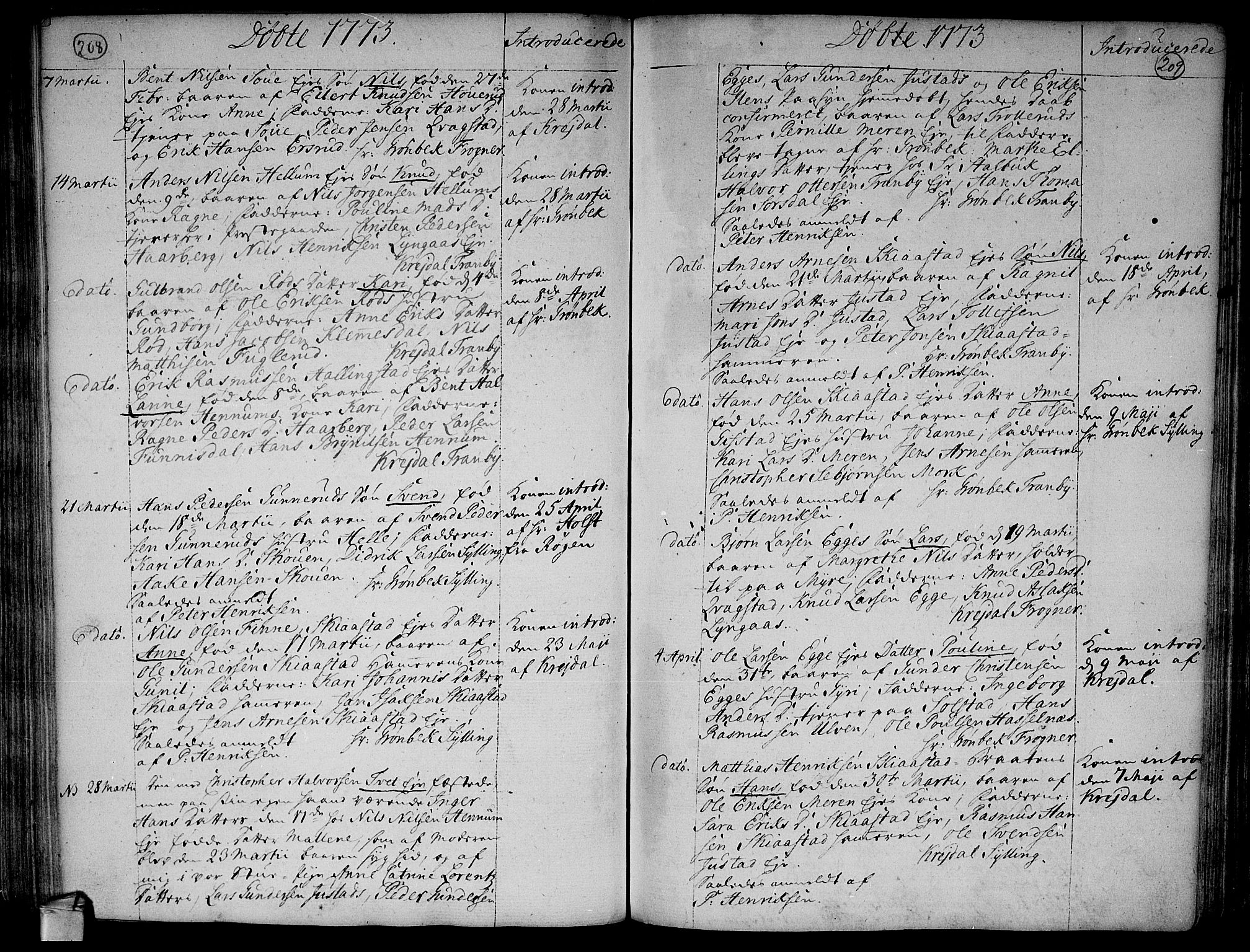 Lier kirkebøker, AV/SAKO-A-230/F/Fa/L0005: Parish register (official) no. I 5, 1764-1777, p. 208-209