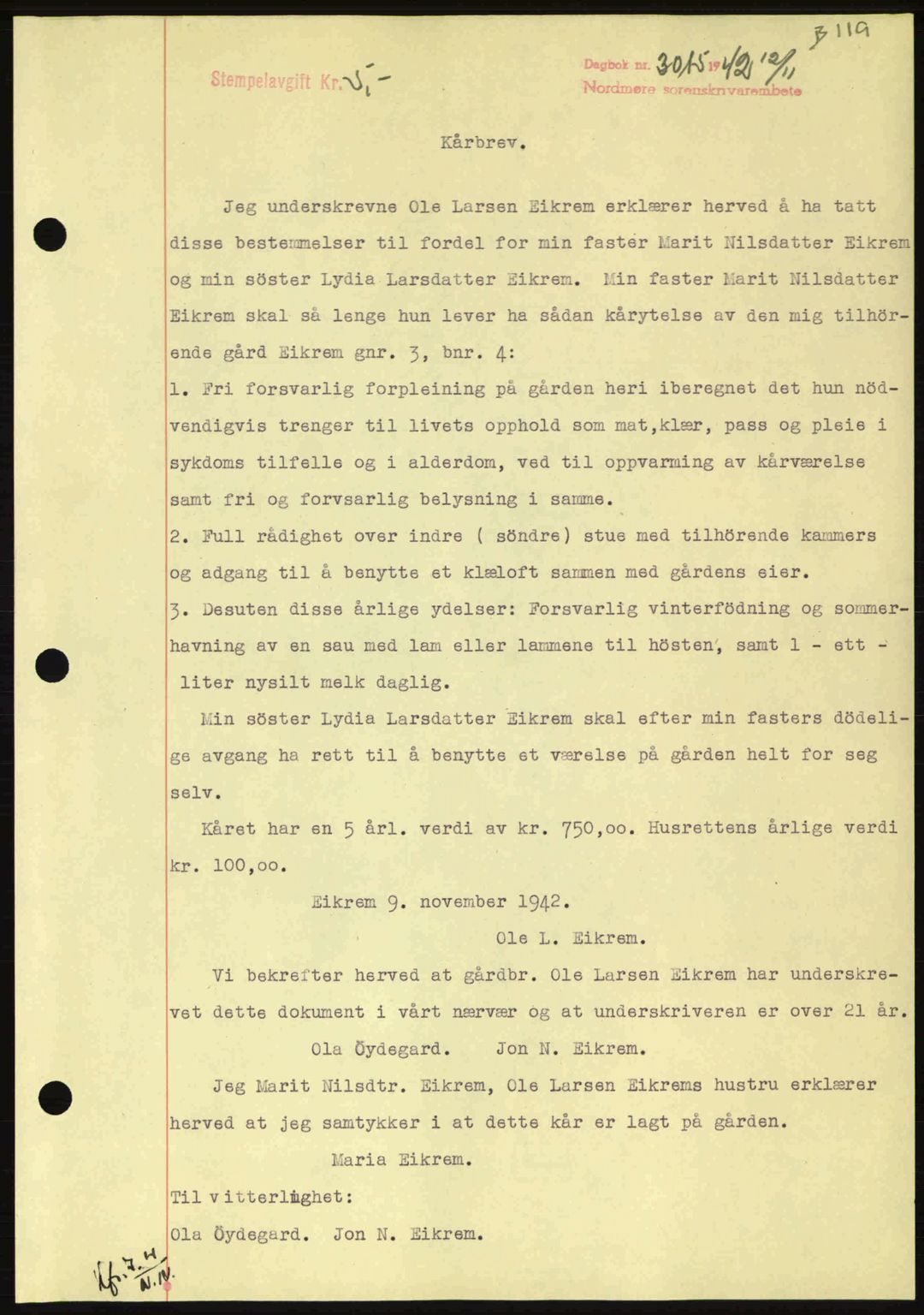 Nordmøre sorenskriveri, AV/SAT-A-4132/1/2/2Ca: Mortgage book no. B90, 1942-1943, Diary no: : 3015/1942