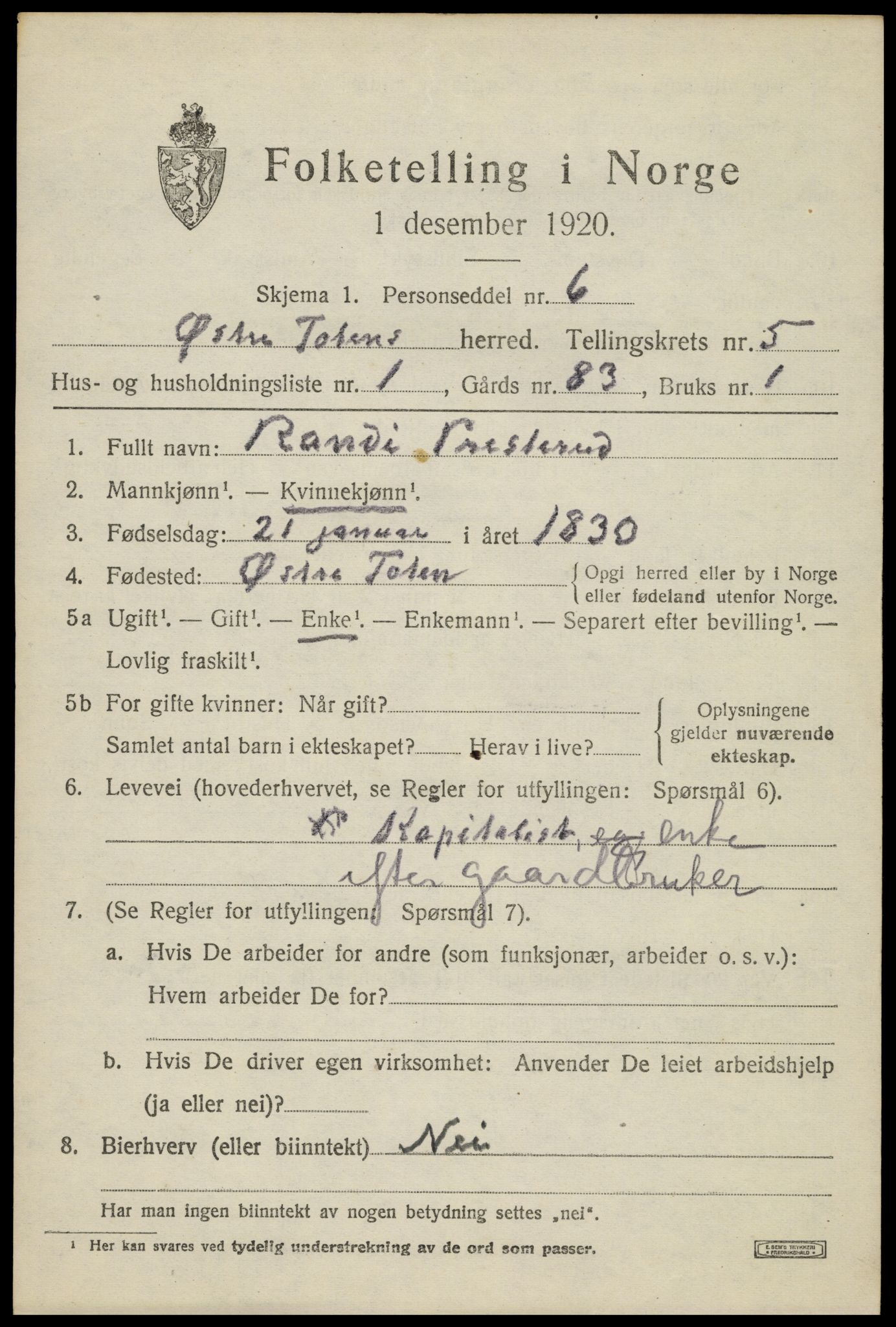 SAH, 1920 census for Østre Toten, 1920, p. 10804