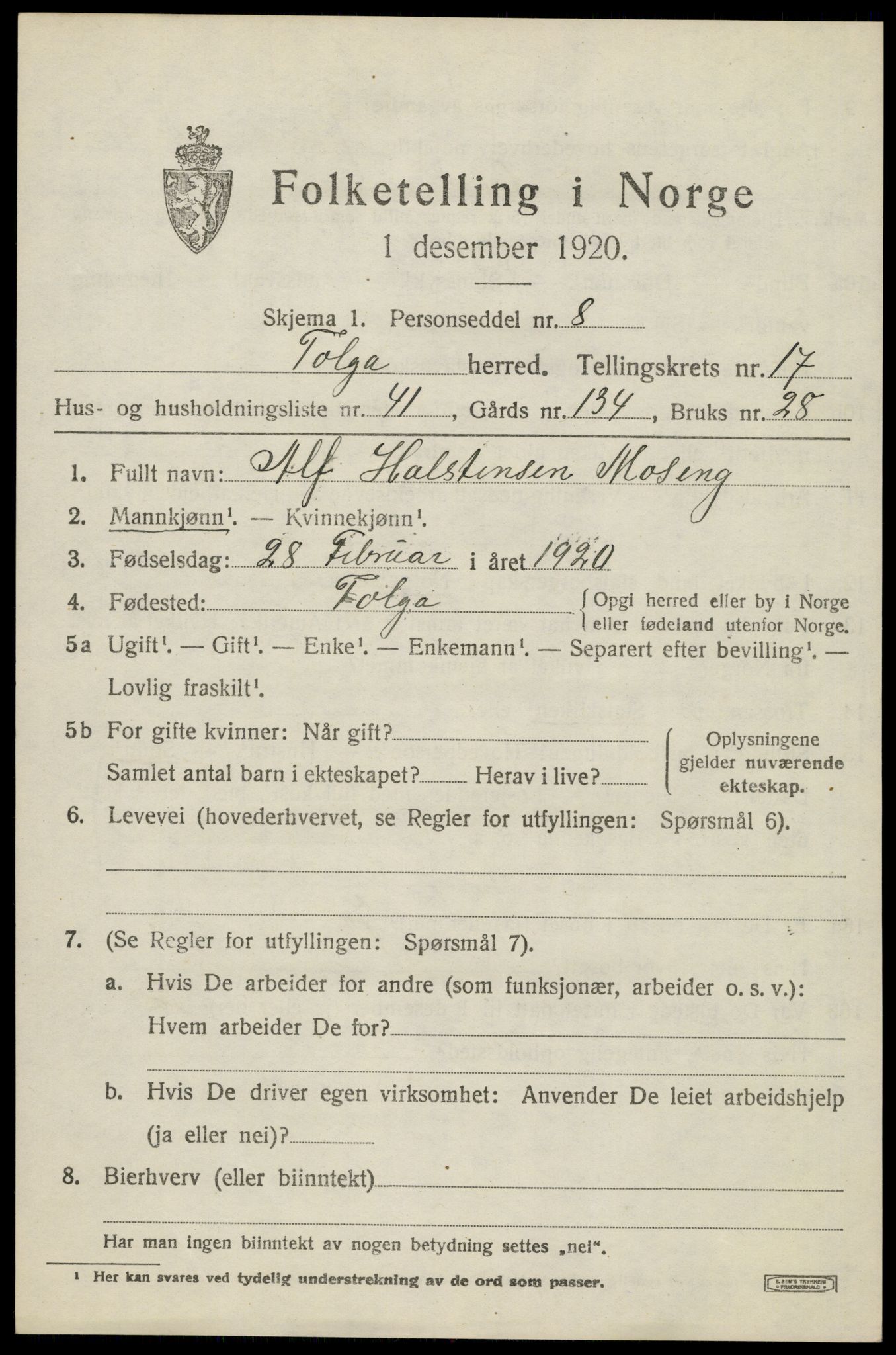 SAH, 1920 census for Tolga, 1920, p. 8261