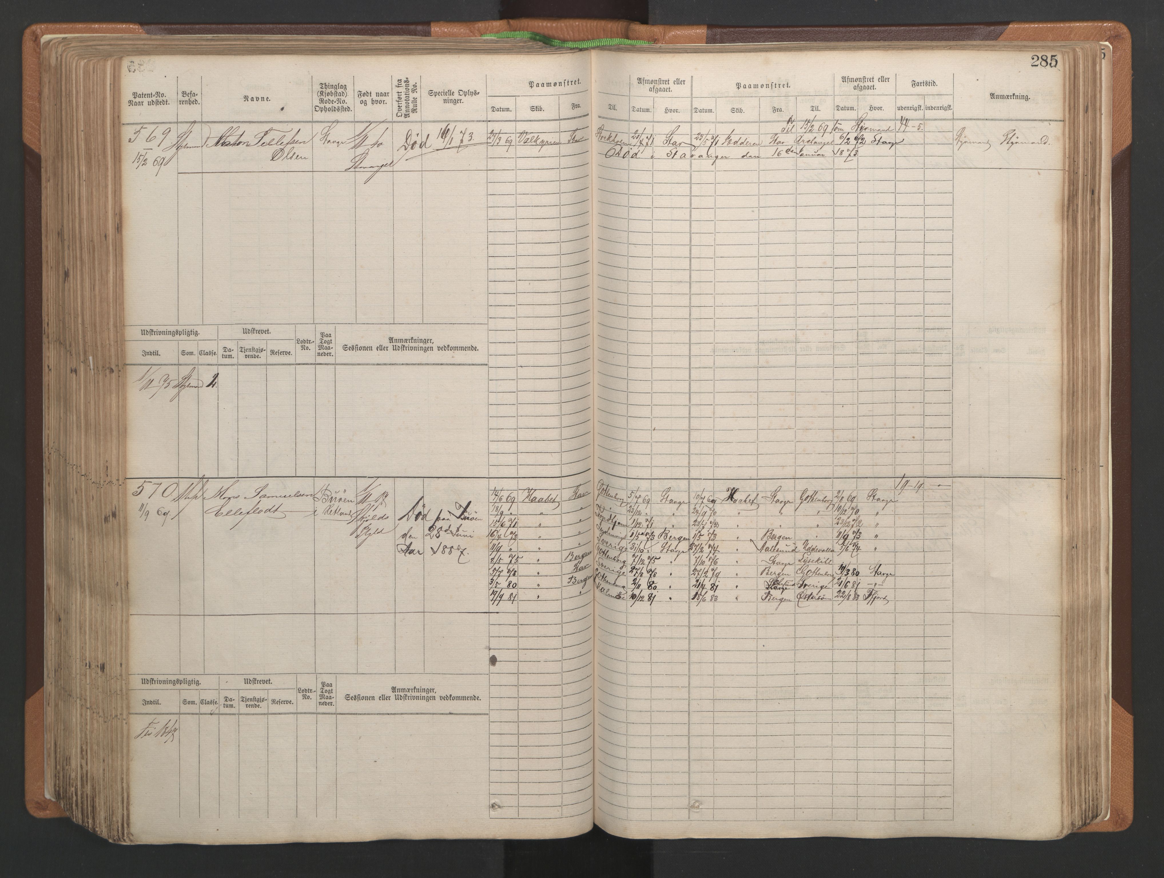 Stavanger sjømannskontor, AV/SAST-A-102006/F/Fb/Fbb/L0004: Sjøfartshovedrulle, patentnr. 1-792 (del 1), 1869-1880, p. 291